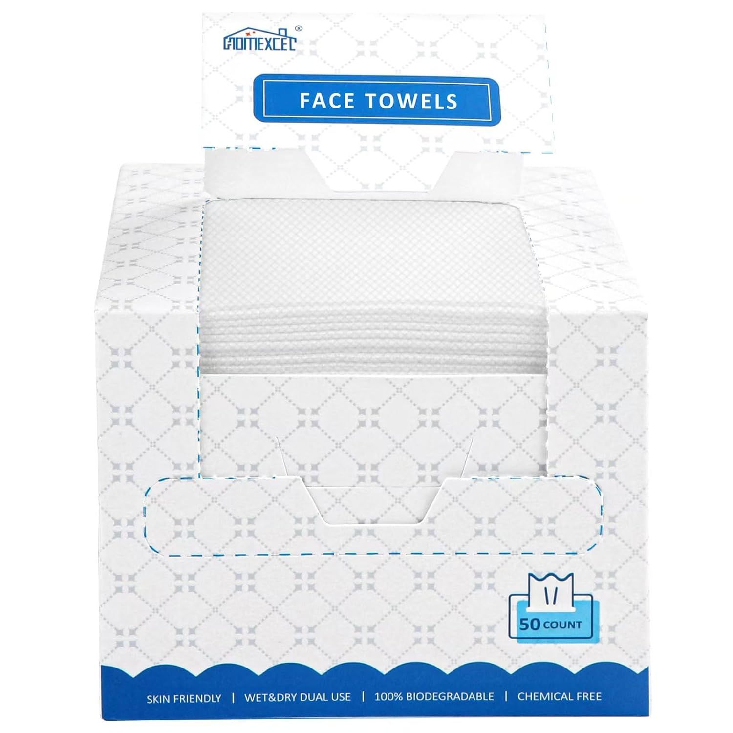 Shows the core product—a 50-count box of face towels—clearly displayed to communicate what the shopper is purchasing. Displays the retail packaging with…