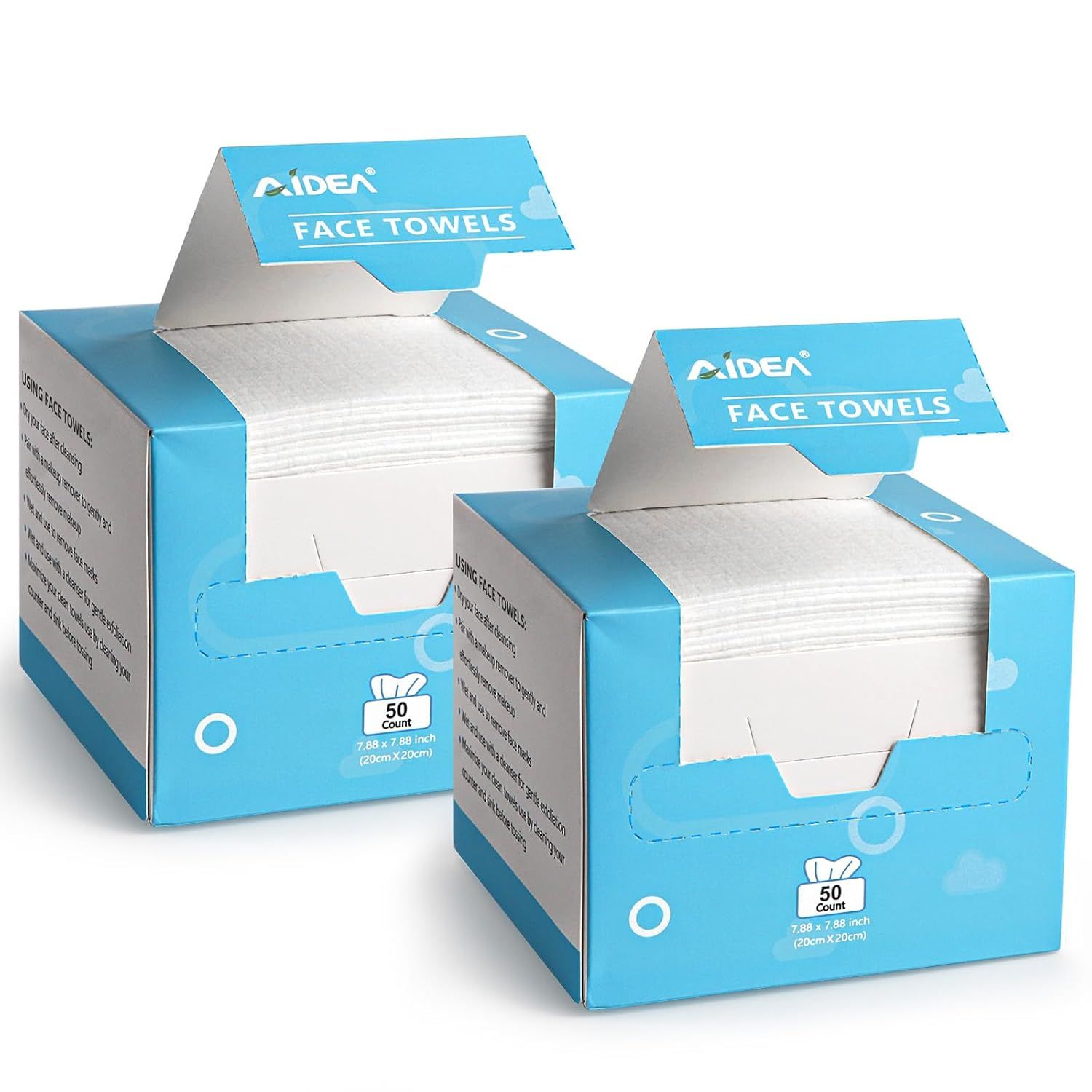 Shows the core product - disposable face towels in their retail packaging - clearly displaying the brand, product type, count, and dimensions to help shoppers…