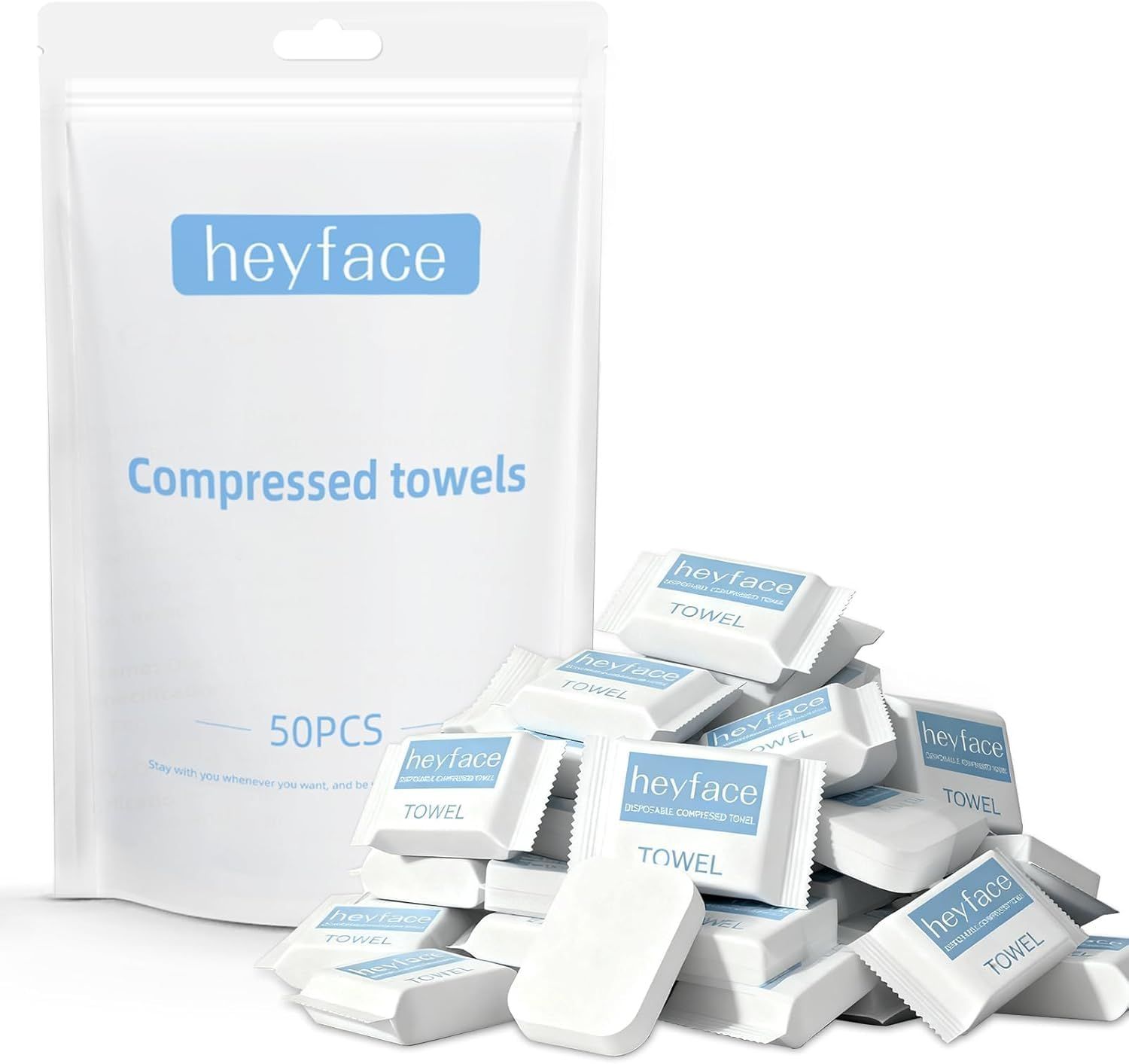 Shows the core product—a 50-piece set of compressed disposable towels in retail packaging—to communicate what the shopper will receive and the quantity…