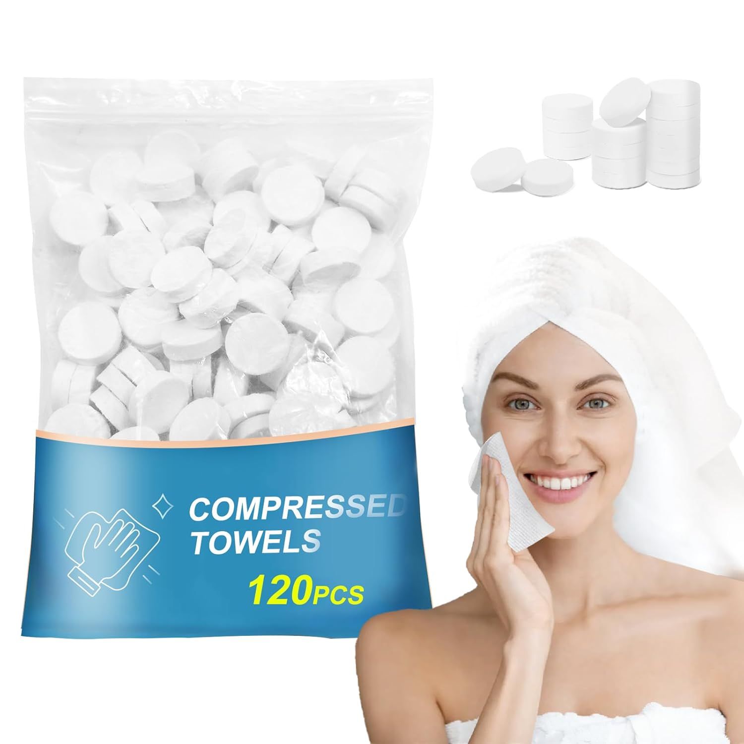 Shows the core product—compressed towels in tablet form—both in packaging and expanded state to communicate what the shopper is purchasing and how the product transforms when used. Demonstrates how…