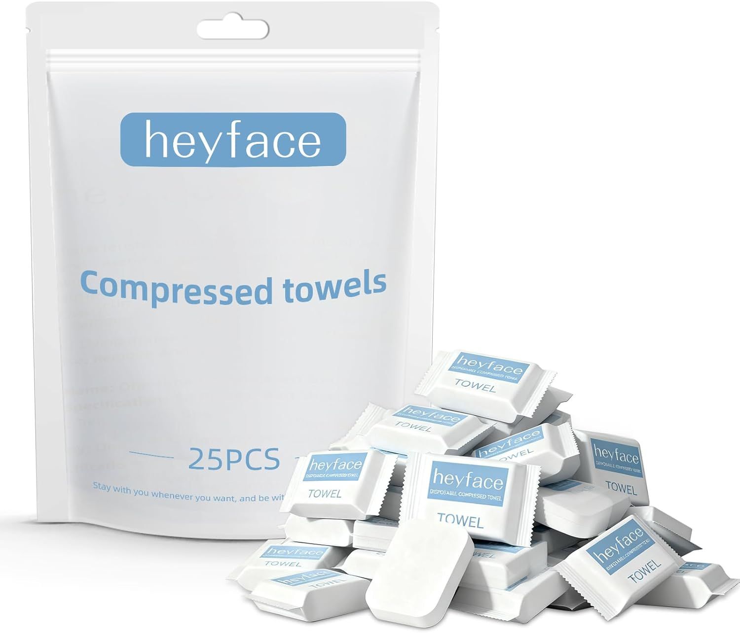 Shows the core product—a 25-pack of compressed towels in retail packaging—alongside individual towel packets to communicate what the buyer receives and the…