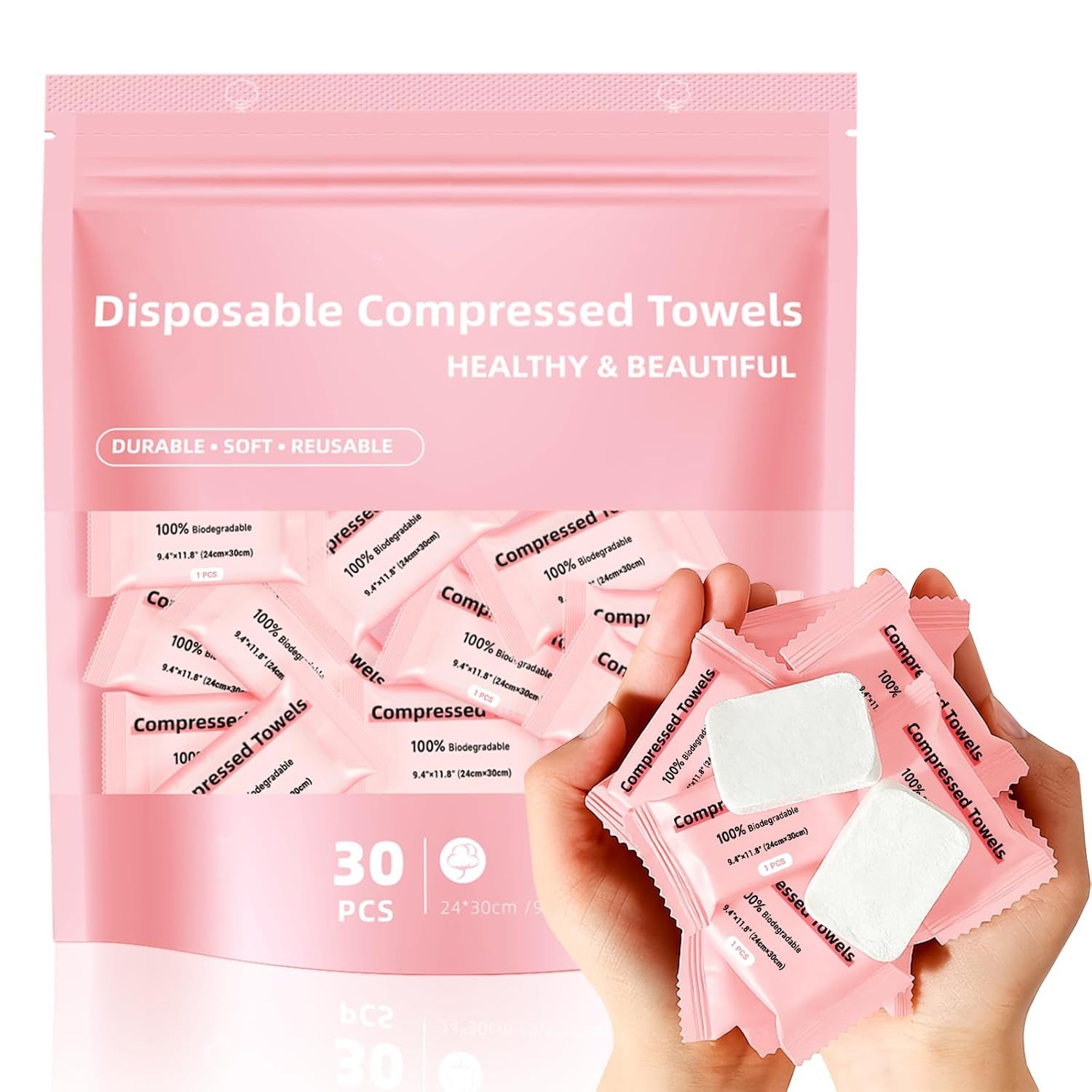 Shows the core product—a 30-piece pack of disposable compressed towels—both in its retail packaging and as individual towel packets held in hand, communicating the product format and key features…