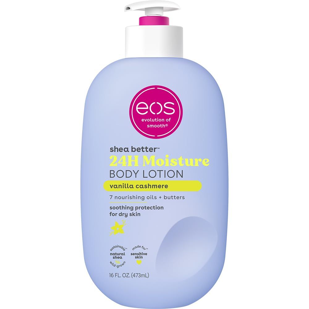 Displays the core product clearly on a white background to show the bottle design, pump dispenser, branding, and key product benefits including 24-hour moisture and vanilla cashmere scent.