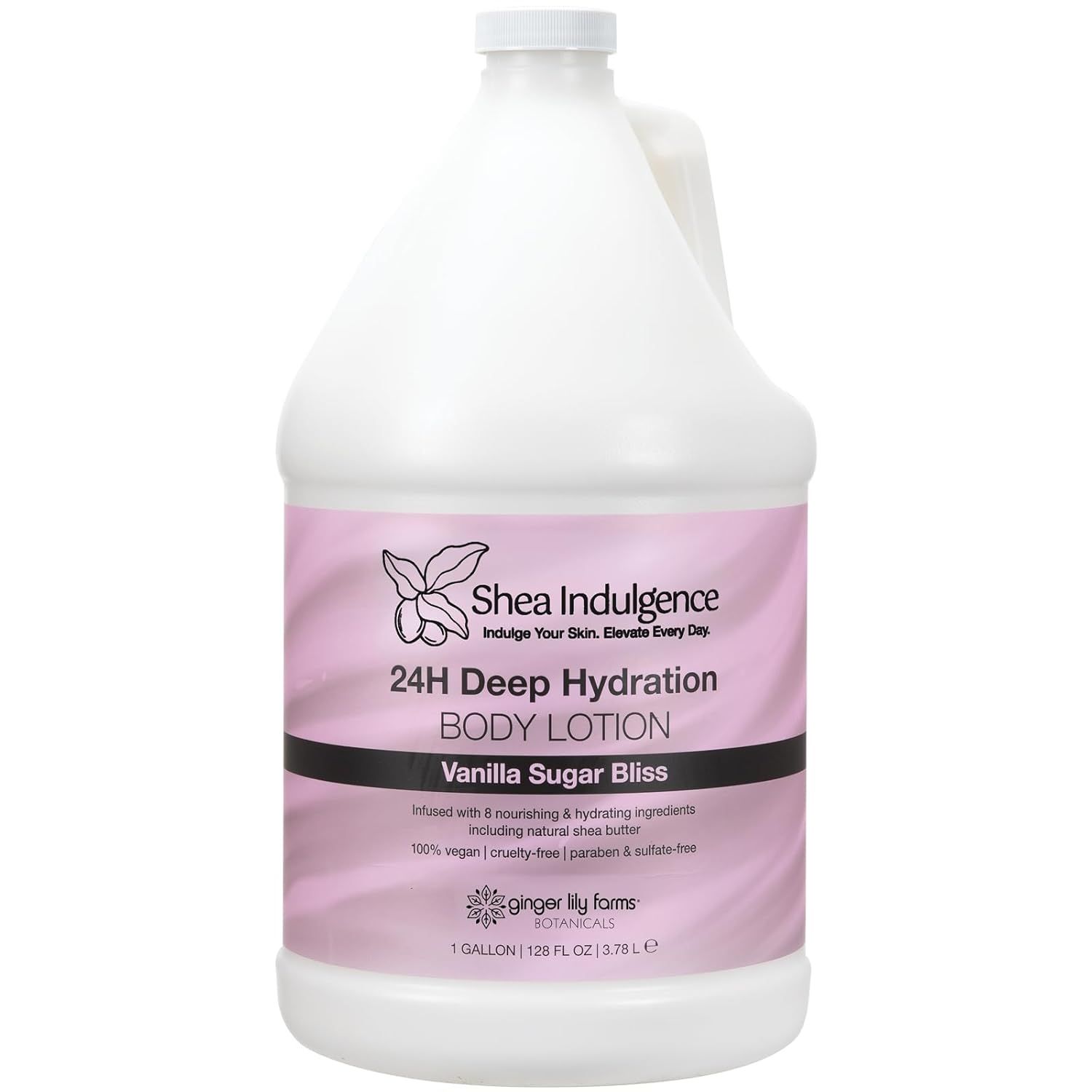 Displays the core product, a 1-gallon body lotion bottle, clearly showing the brand, product type, scent, and key benefits to help shoppers understand what…