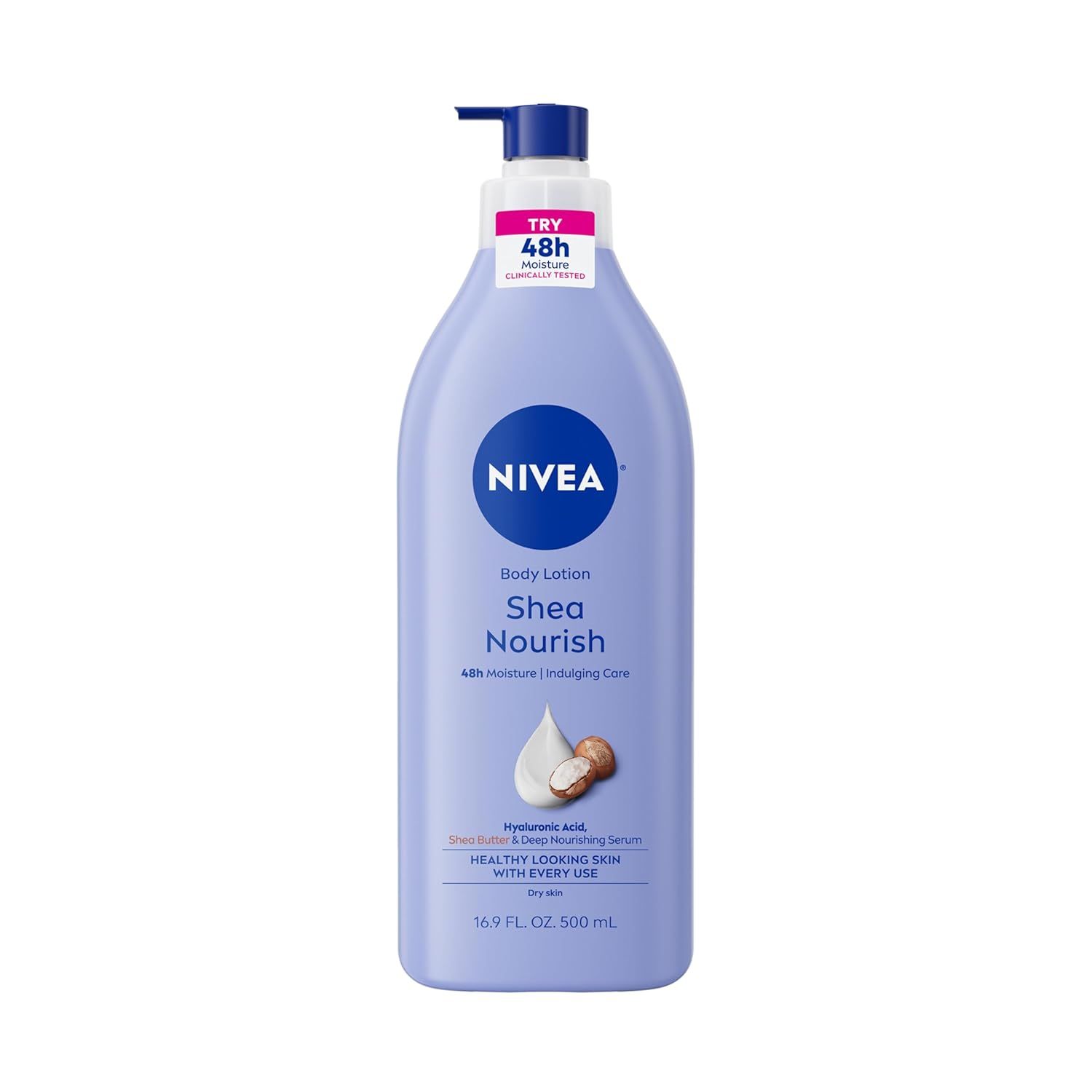 Displays the NIVEA Shea Nourish Body Lotion bottle clearly on a white background, allowing shoppers to see the product packaging, brand, key benefits like…