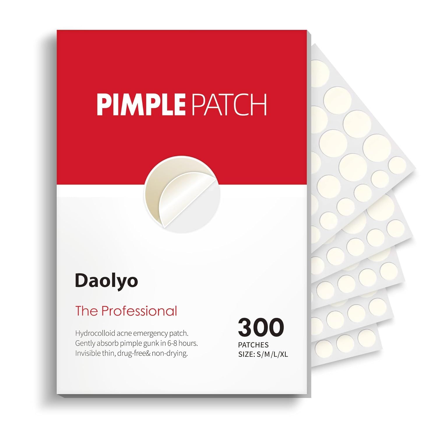 Shows the complete product package and the actual patches to communicate what the buyer receives: a professional-grade acne treatment with 300 patches in…