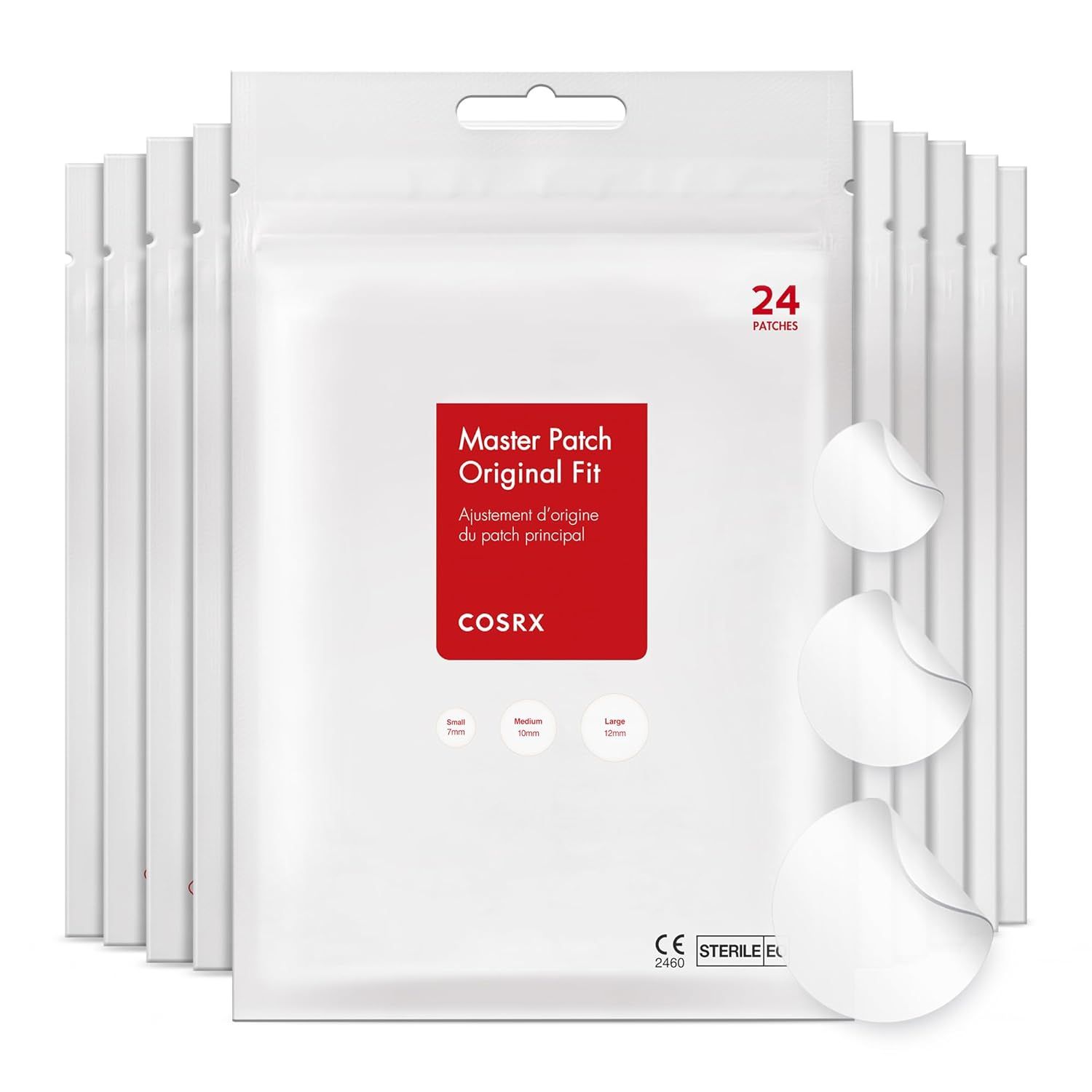 Shows the core product packaging and the actual patches in three different sizes to help shoppers understand what they are purchasing and the size options…