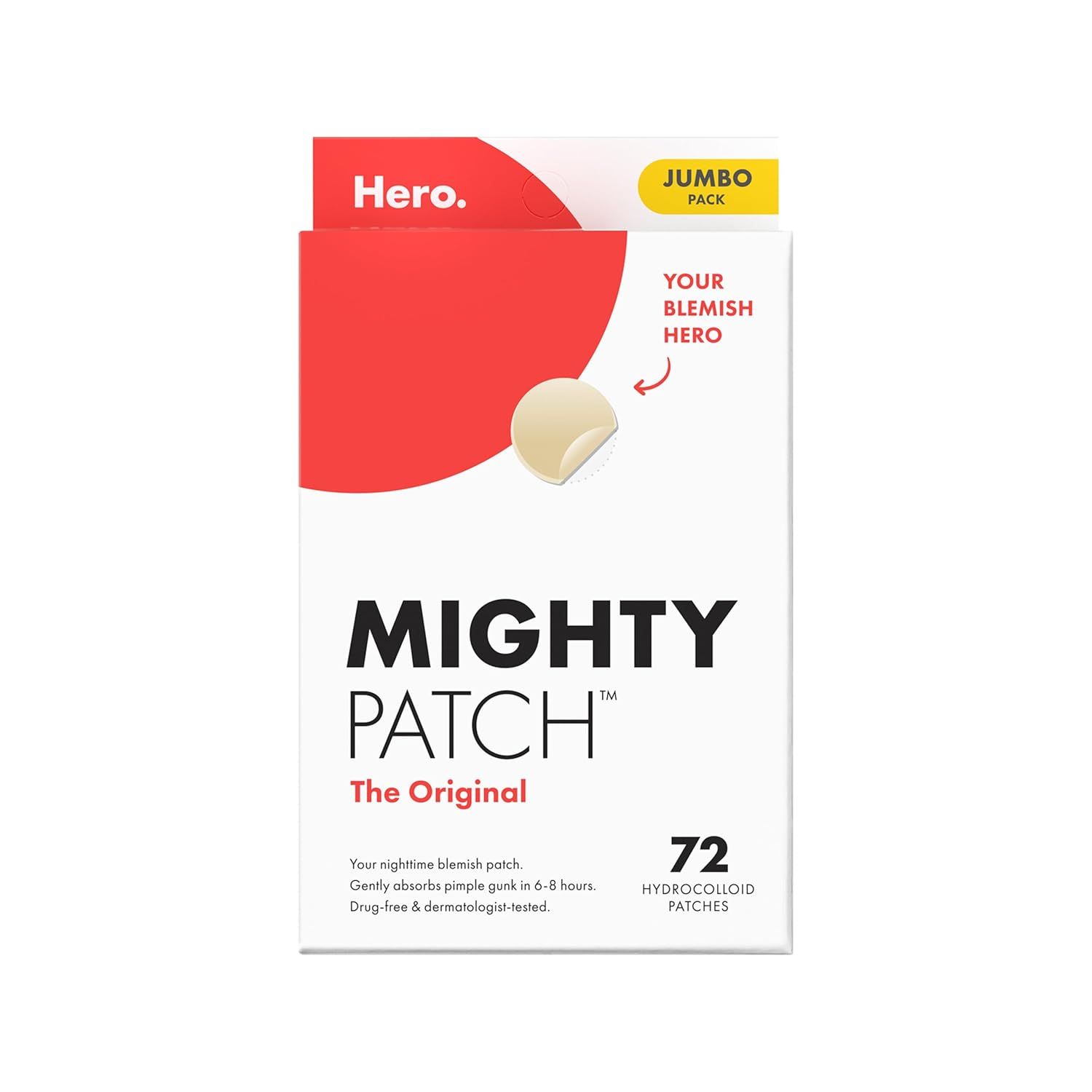 Shows the retail packaging to communicate the product quantity and value proposition of a jumbo-sized pack containing 72 hydrocolloid patches for blemish treatment. Uses graphic overlays including a…