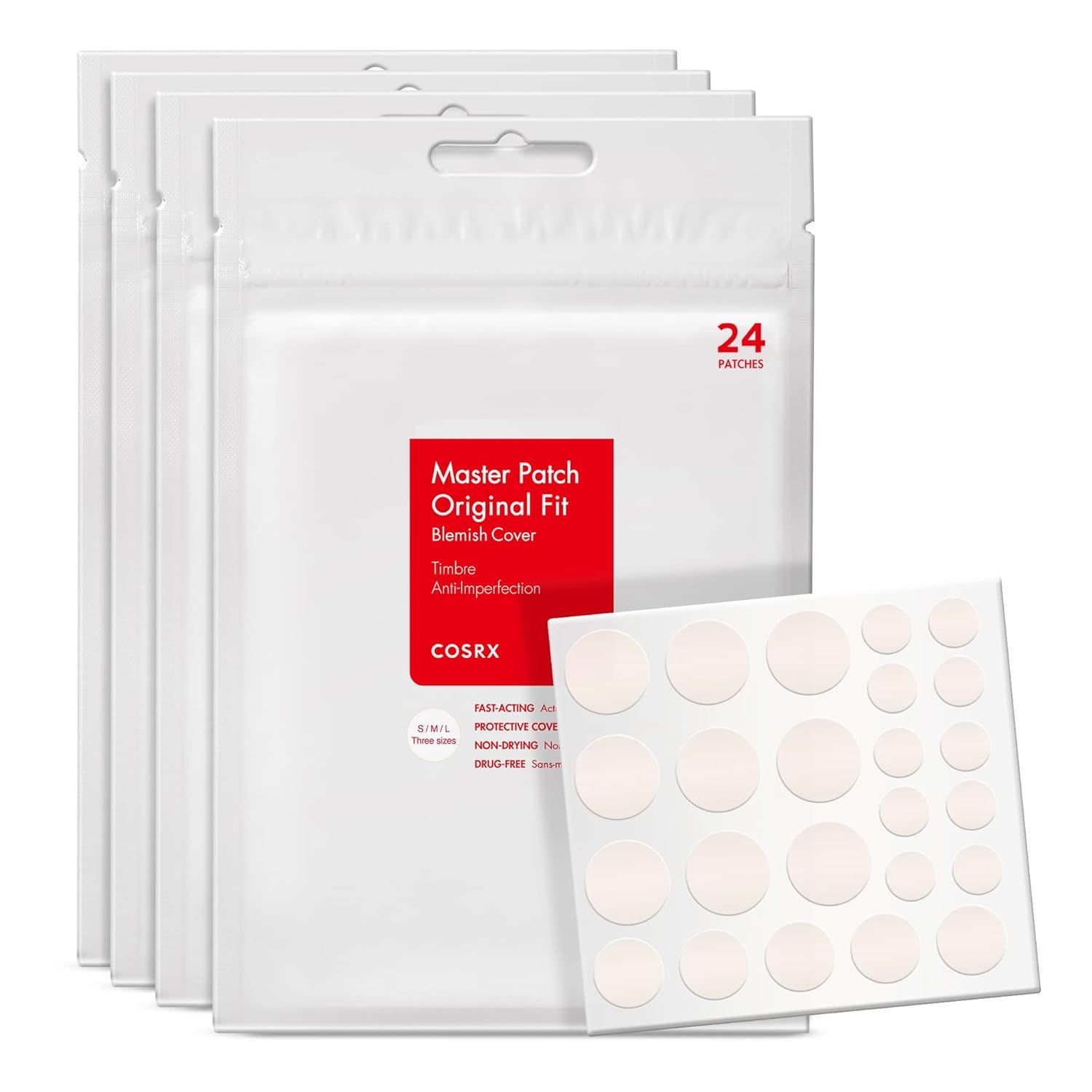 Shows the core product—COSRX Master Patch Original Fit blemish covers—in a multi-pack format with 24 patches per package, clearly displaying both the…