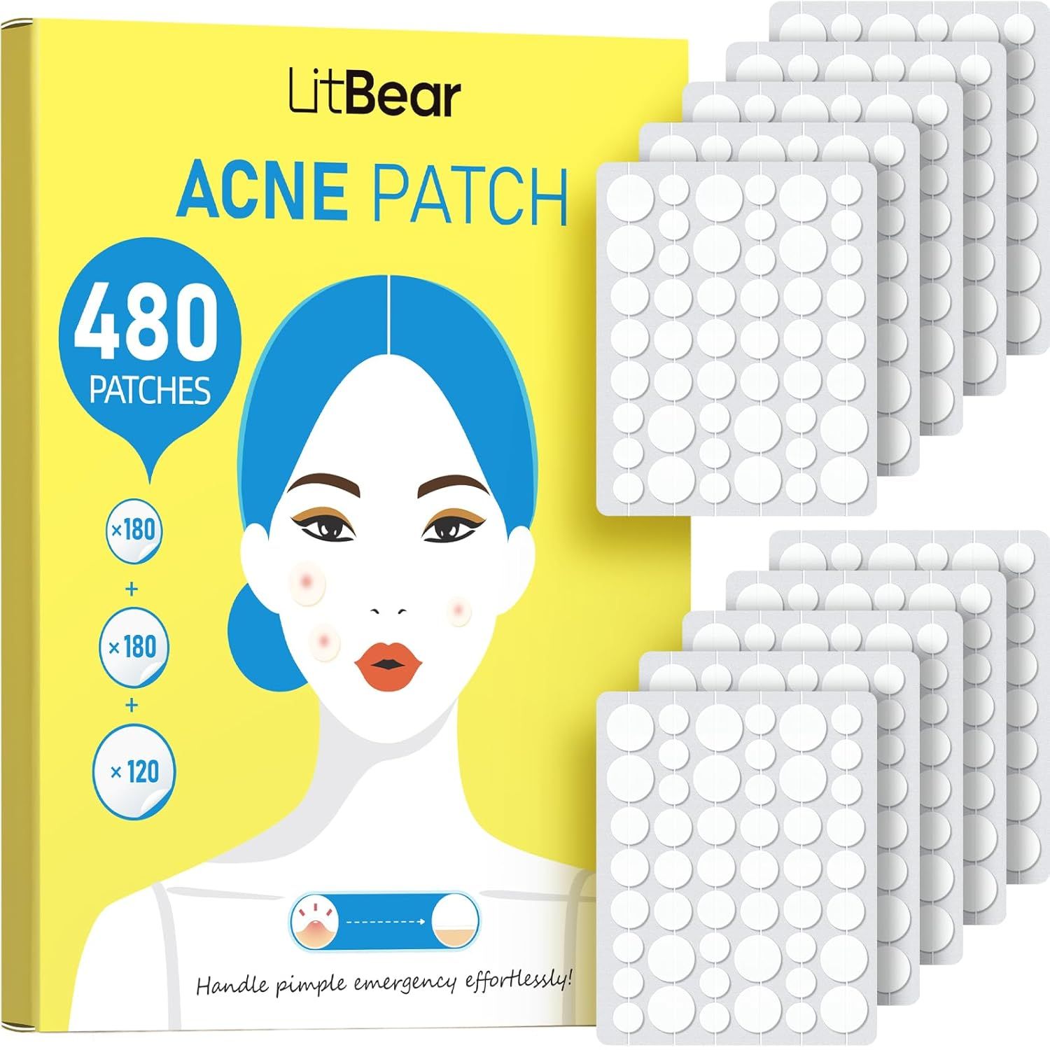 Shows the complete product offering with both the retail packaging and the actual acne patches included, communicating the quantity and variety of patches…
