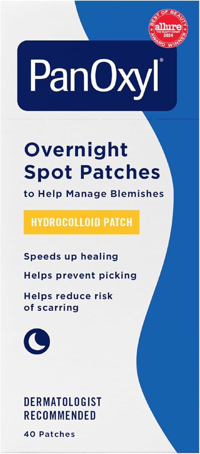 Shows the retail packaging to communicate the product's award-winning status, key technology (hydrocolloid patch), and primary benefits (speeds healing,…