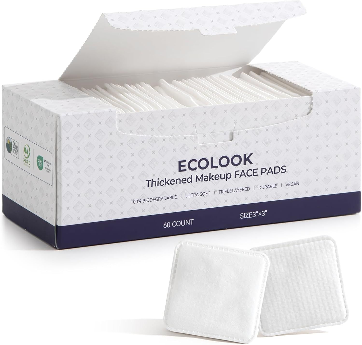 Shows the core product—a box of 60 makeup face pads—along with individual pads displayed in front to communicate the product's texture, quality, and…