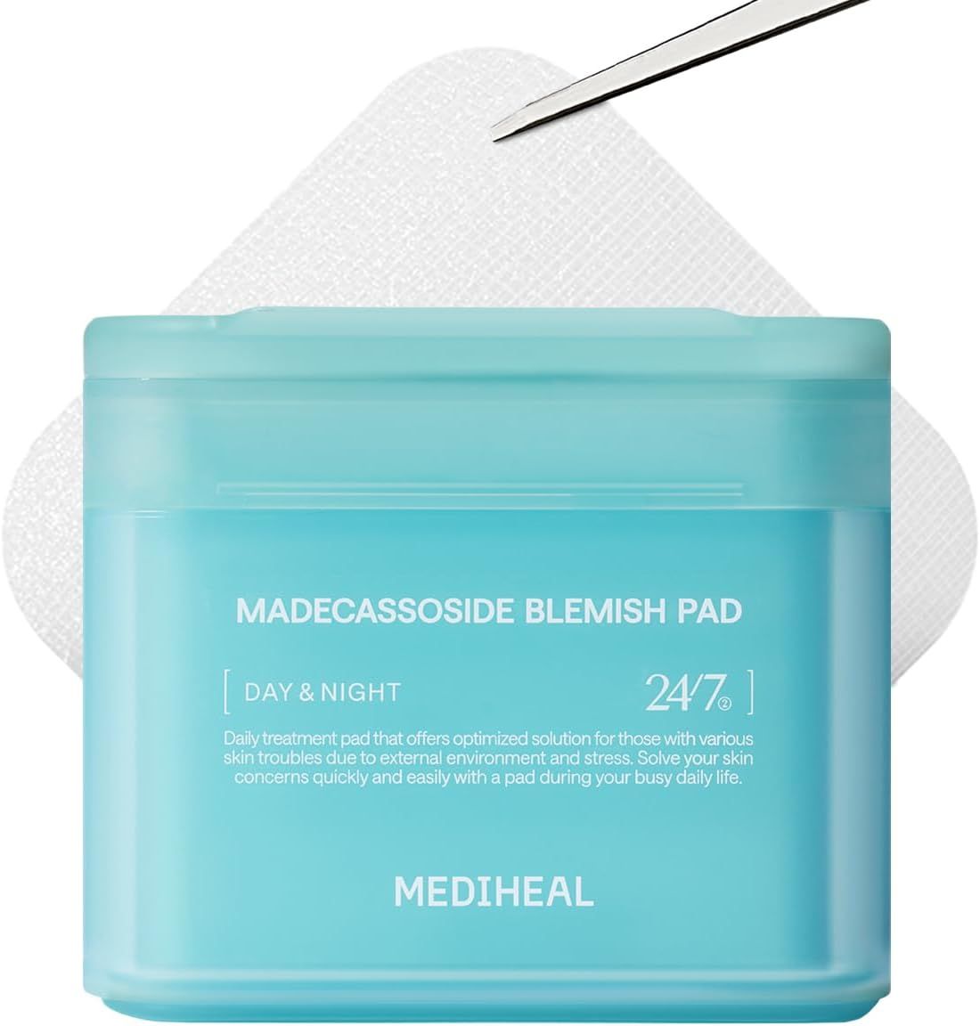 Displays the core product clearly with its key ingredient and benefit (blemish treatment) to help shoppers quickly identify what the product is and what it does. Uses a decorative textured…