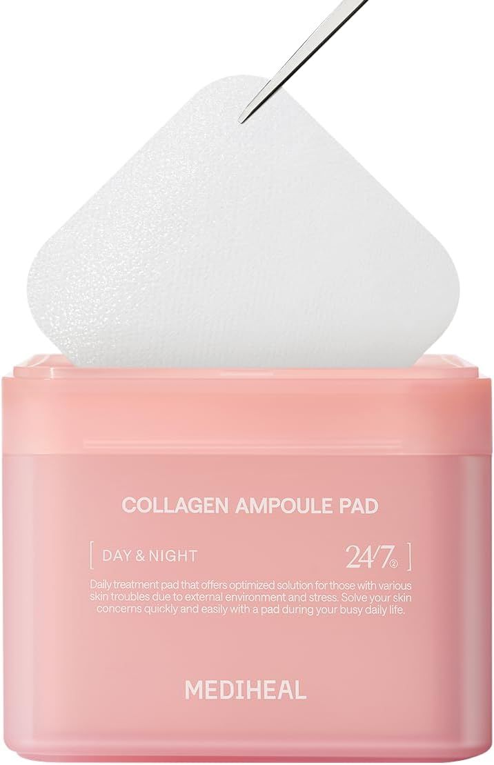 Shows the core product - a jar of collagen ampoule pads with a pad being lifted by tweezers - to communicate what the shopper will receive and how the product…