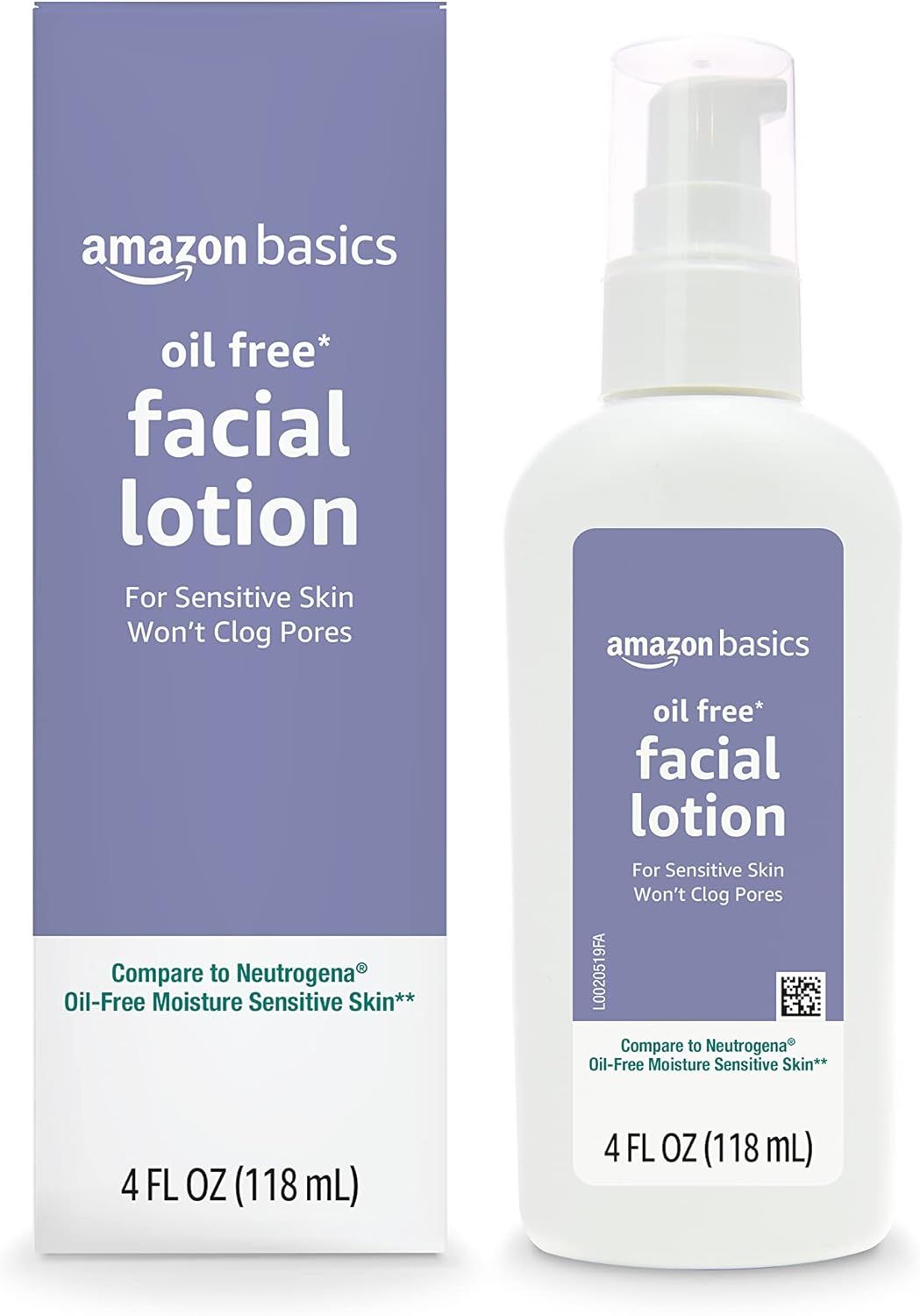 Shows the Amazon Basics facial lotion bottle and packaging to communicate the core product being sold, emphasizing its oil-free formula suitable for sensitive…