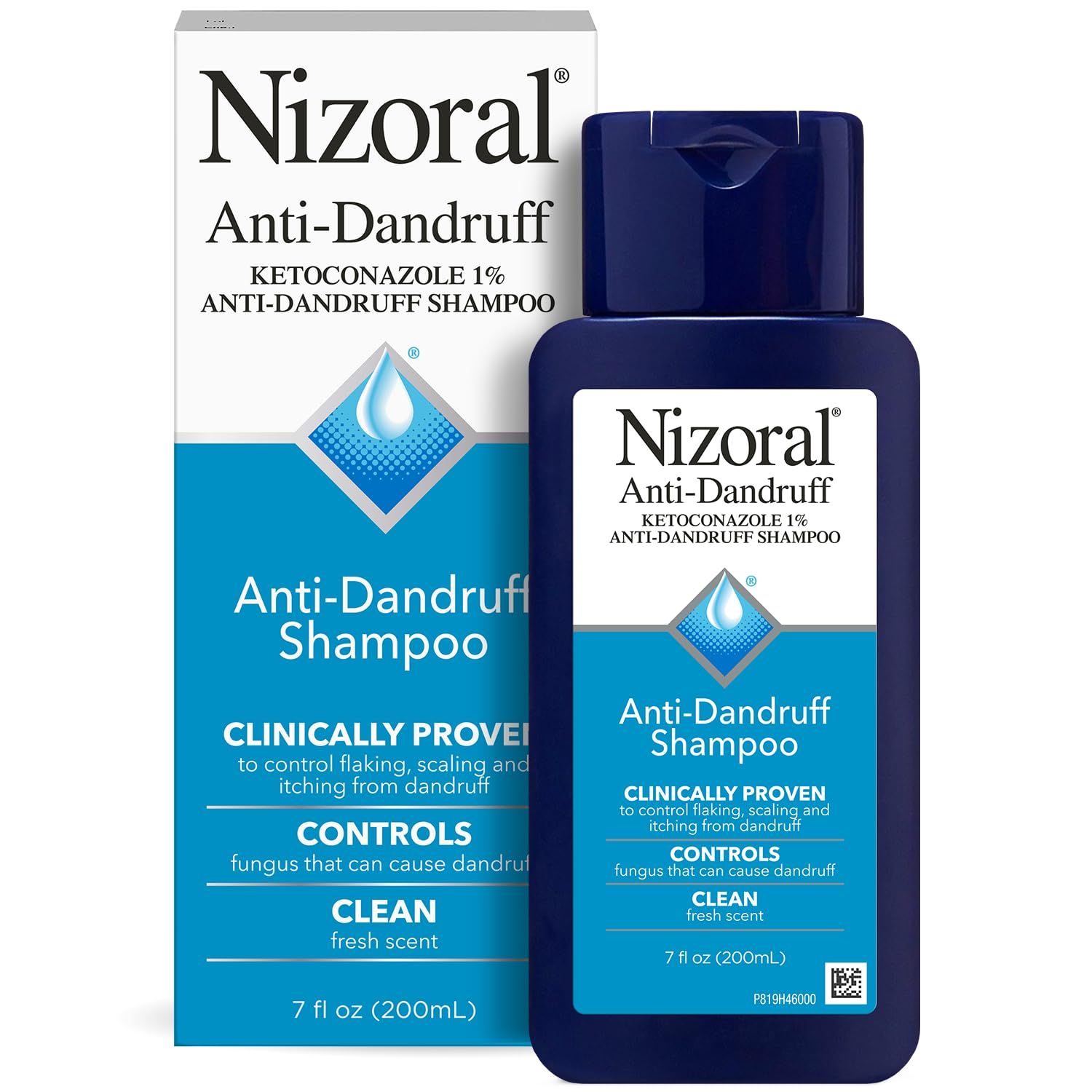 Displays the core product (Nizoral Anti-Dandruff Shampoo bottle and box) clearly to show what the shopper will receive, emphasizing the clinical formulation…