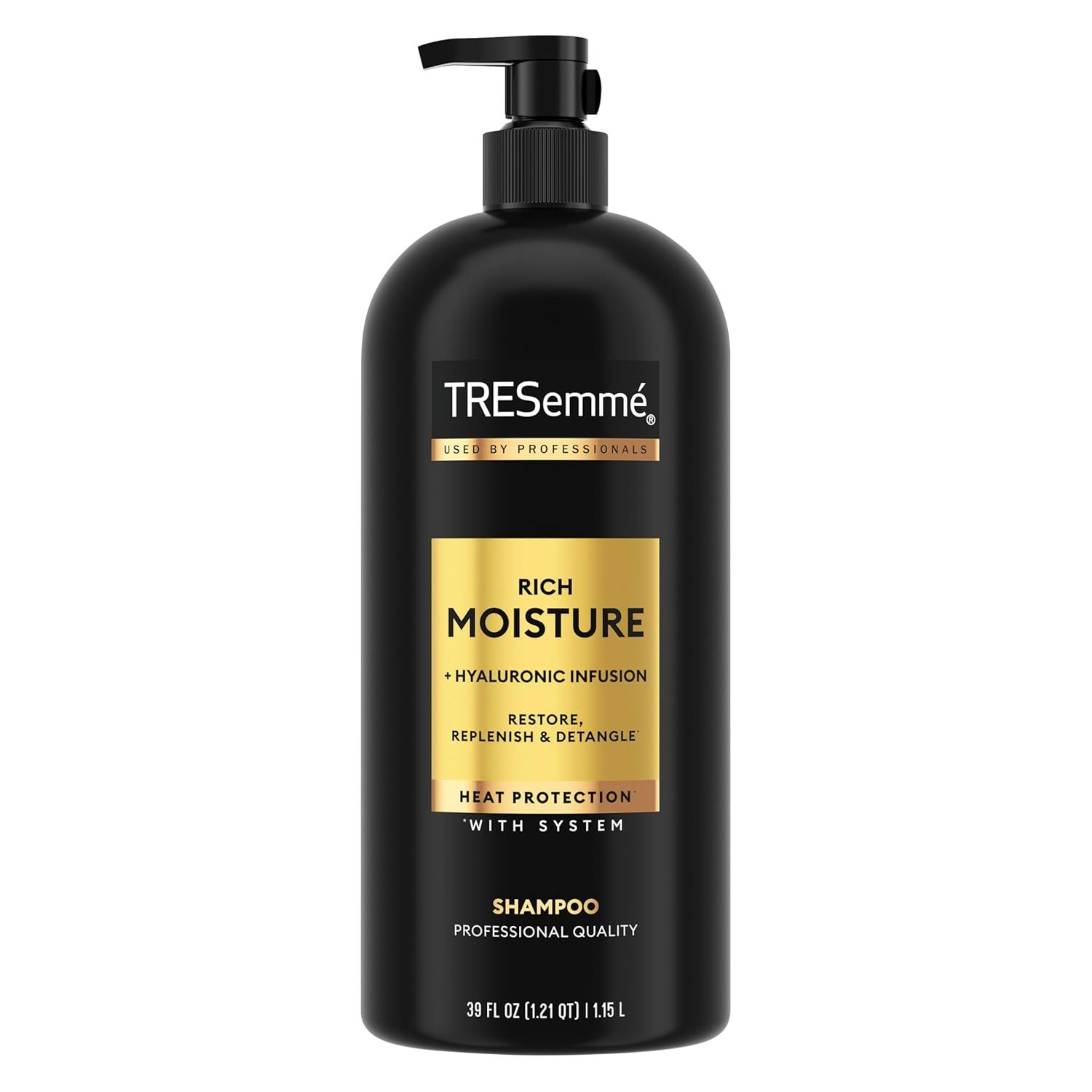 Displays the core product clearly on a clean white background to show the TRESemmé Rich Moisture shampoo bottle with its pump dispenser and professional…