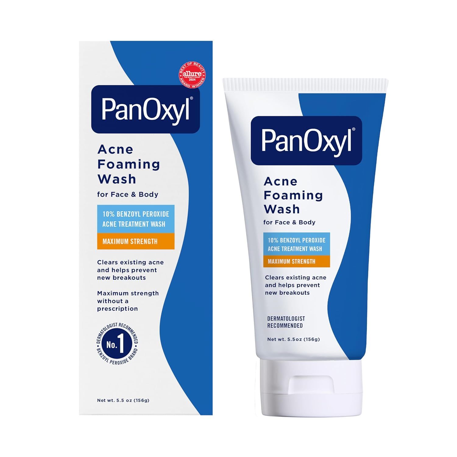 Displays the PanOxyl Acne Foaming Wash product and its retail packaging to clearly show what the shopper will receive, emphasizing the maximum strength 10%…