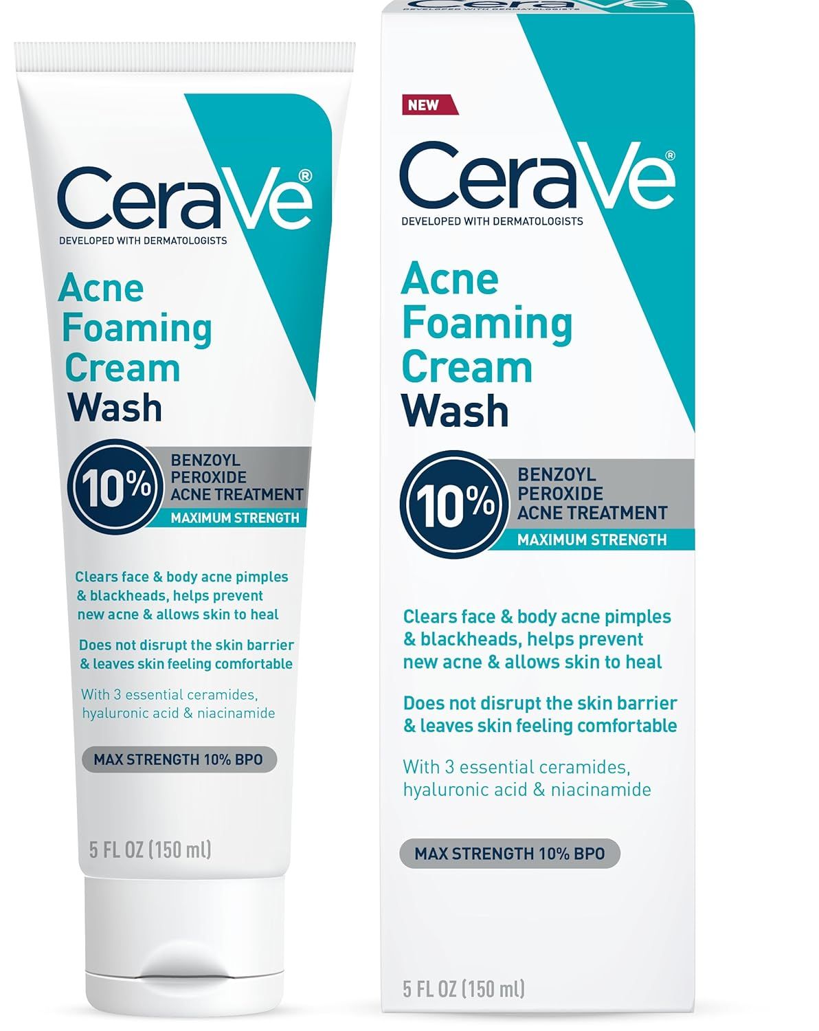 Displays the CeraVe Acne Foaming Cream Wash product and its retail packaging to show shoppers exactly what they will receive, emphasizing the 10% benzoyl…