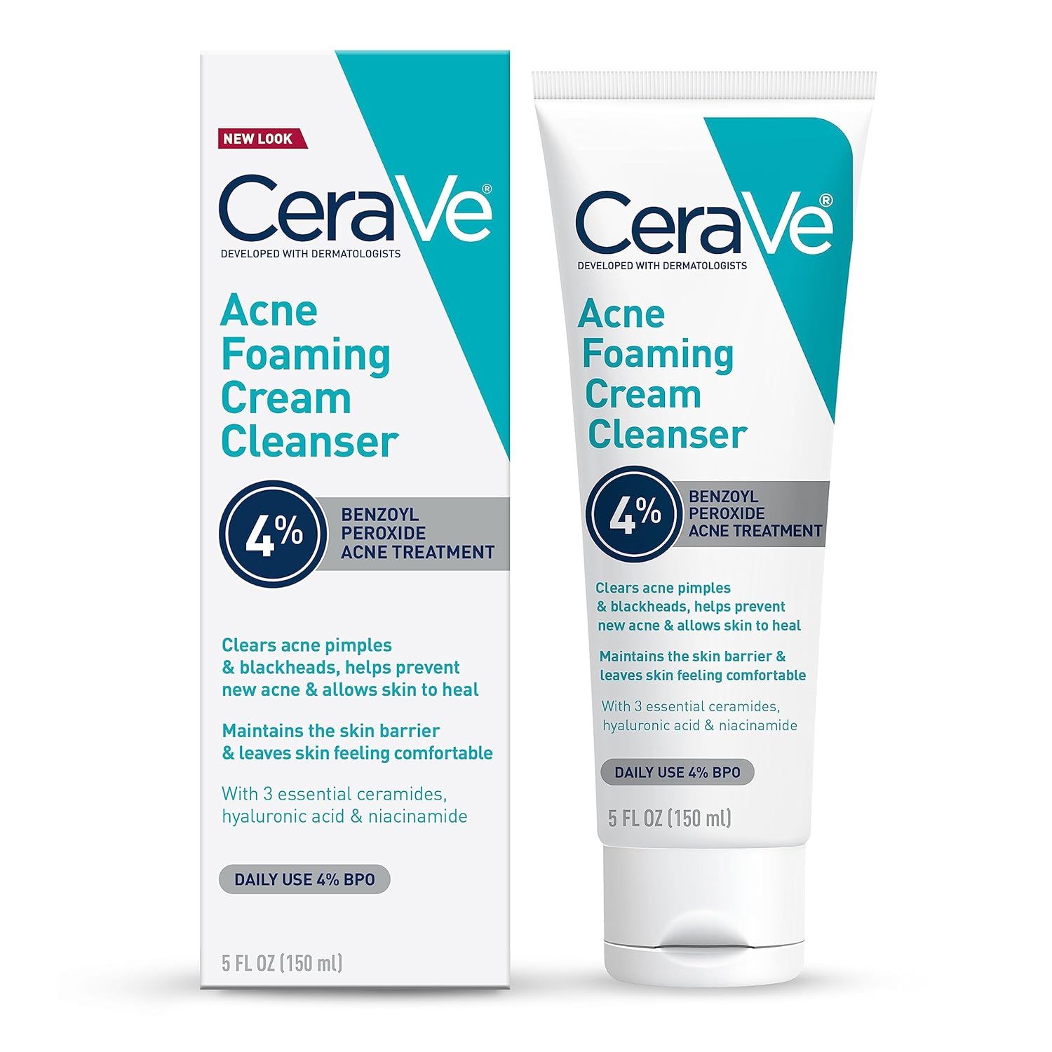 Displays the CeraVe Acne Foaming Cream Cleanser product and packaging to show shoppers exactly what they will receive, including the tube and box with clear…