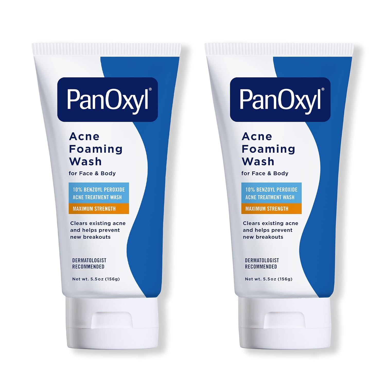 Displays two tubes of PanOxyl Acne Foaming Wash to show the product clearly, emphasizing the maximum strength benzoyl peroxide formula and dermatologist…