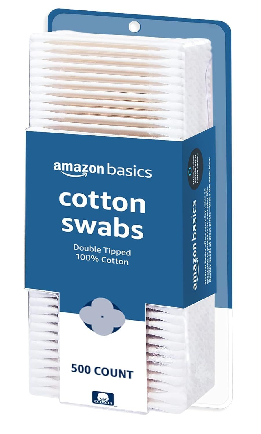 Shows the core product—a 500-count package of Amazon Basics cotton swabs—clearly displayed in its retail packaging to communicate what the shopper is…
