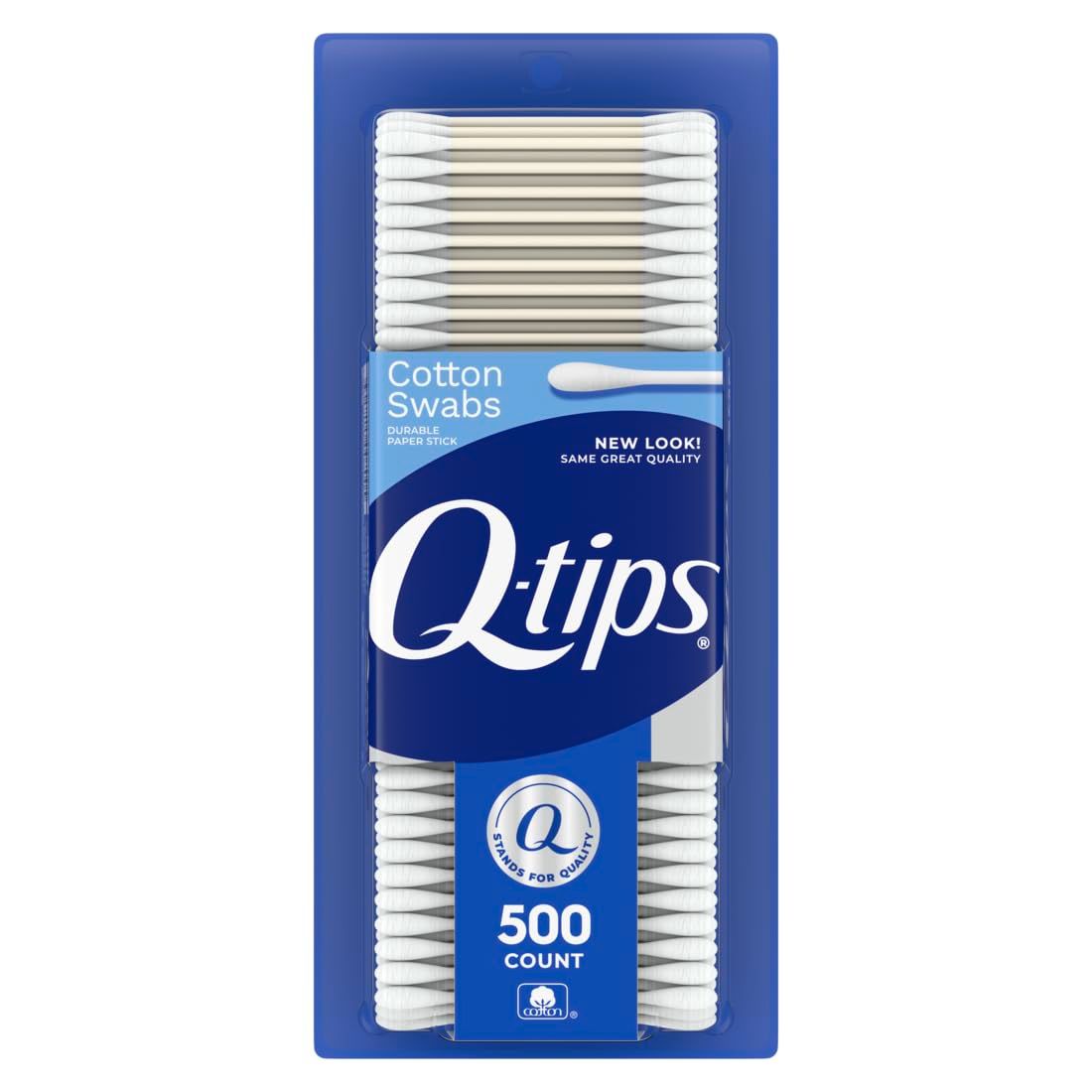 Shows the Q-tips cotton swabs product in its retail packaging to communicate the brand, product type, quantity, and key feature of durable paper sticks.…