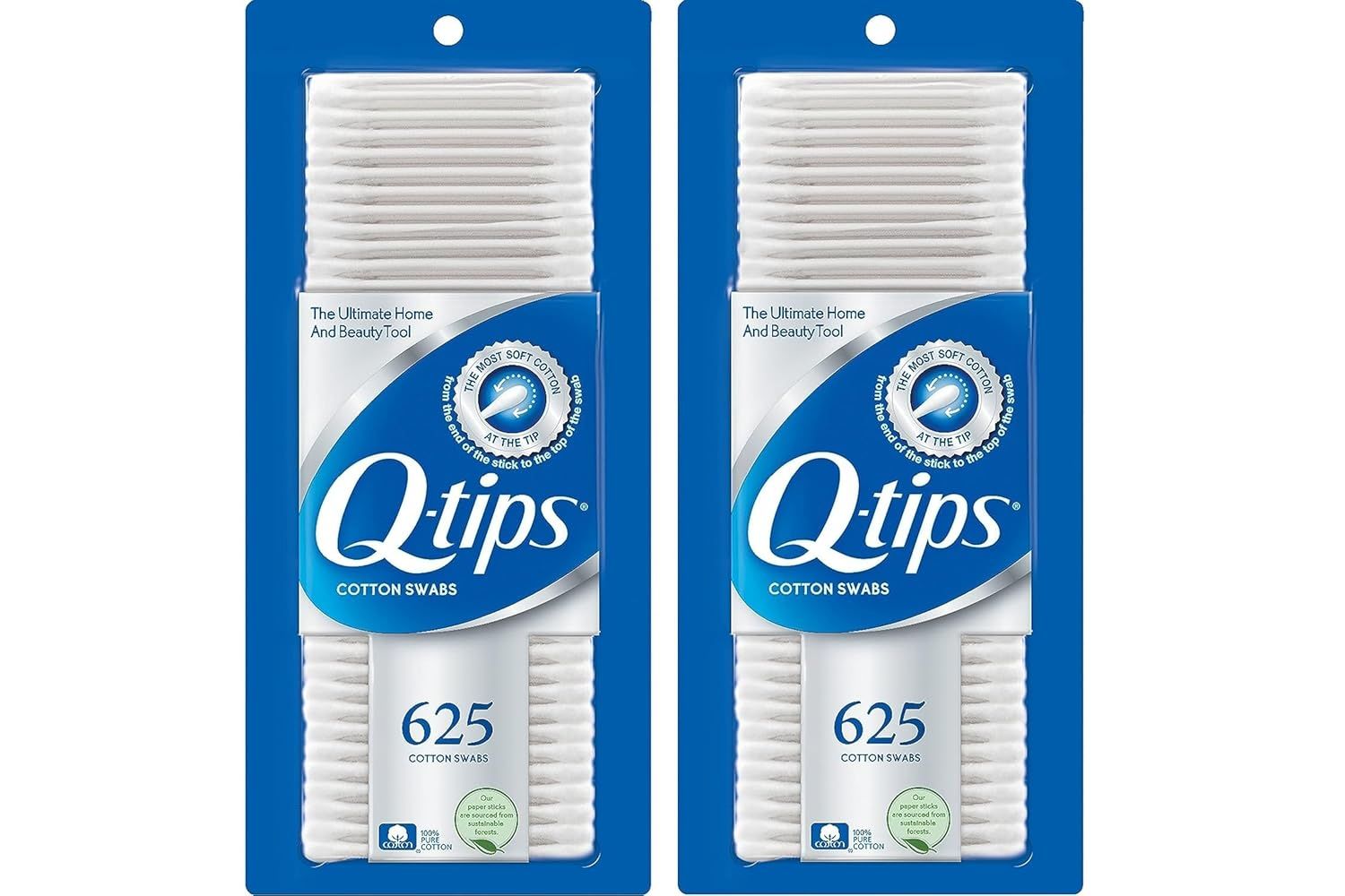 Shows the core product—Q-tips cotton swabs in retail packaging—clearly displaying the quantity (625 count) and brand to help shoppers identify what they are…
