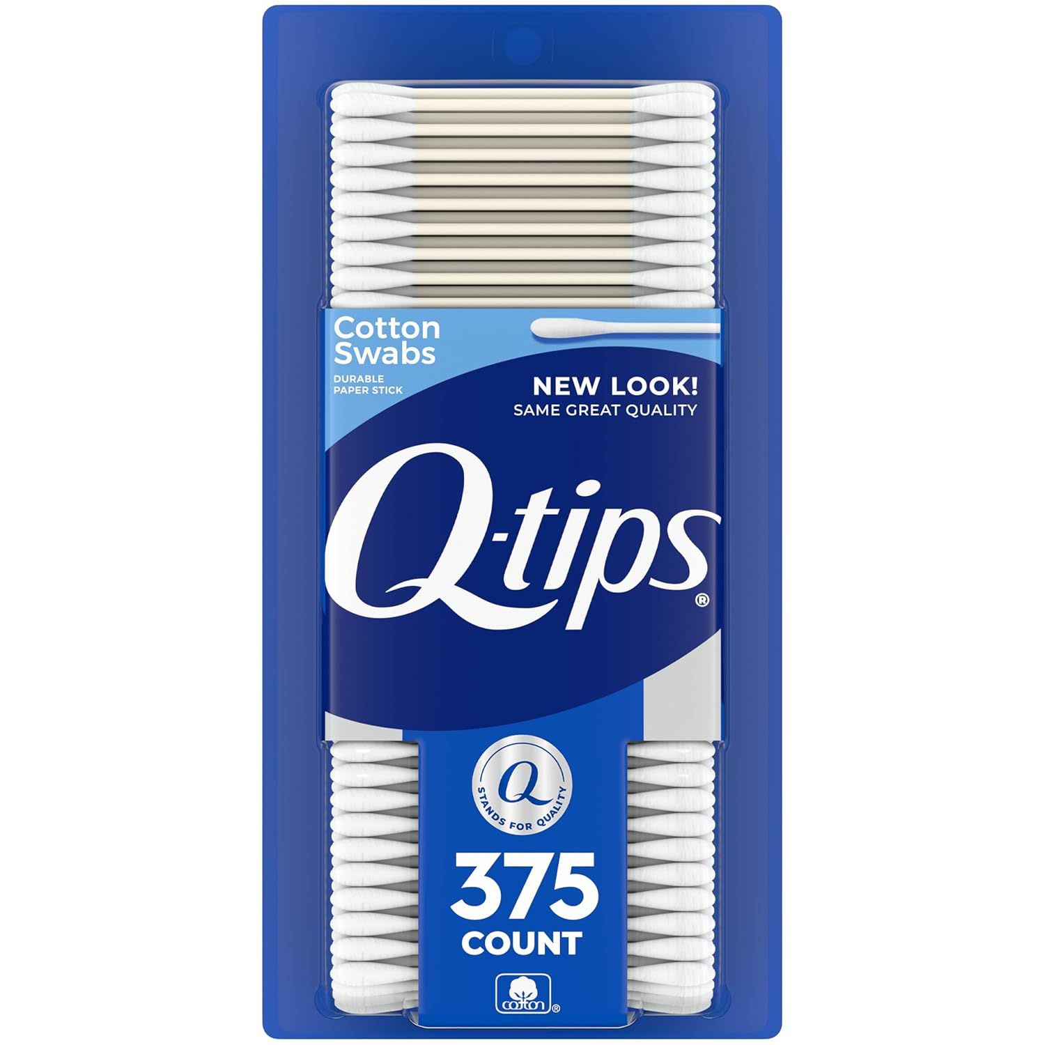 Shows the Q-tips cotton swabs product in its retail packaging to communicate the brand, product type, quantity (375 count), and key feature (durable paper…