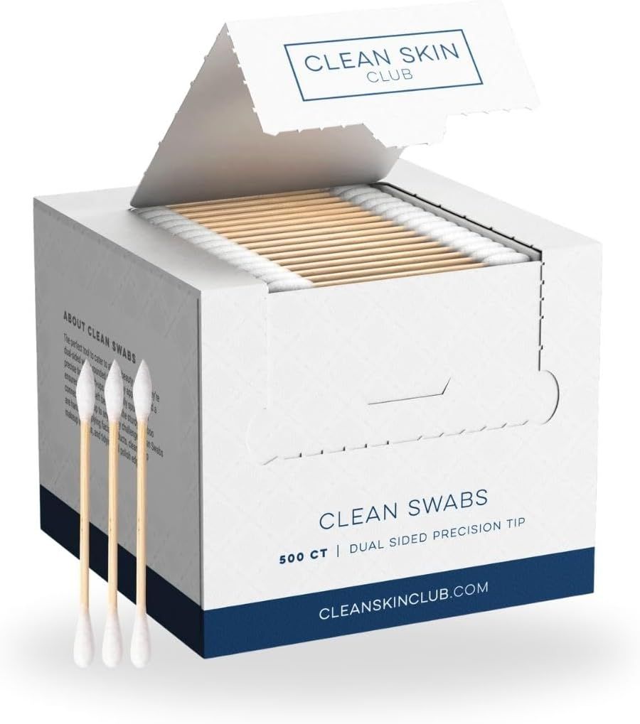 Shows the core product (cotton swabs) in its retail packaging with the box open to display the contents, communicating the quantity and dual-sided precision…