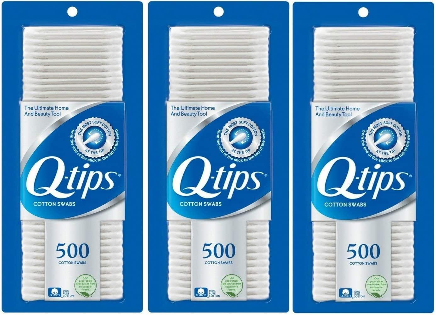 Shows the core product in a three-pack format, clearly displaying the Q-tips brand, quantity, and packaging to help shoppers understand what they are…