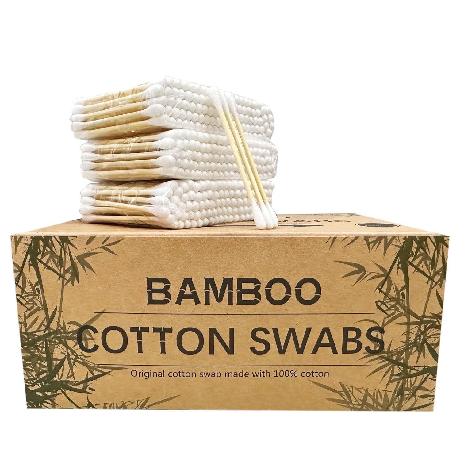 Shows the core product—bamboo cotton swabs—clearly displayed with retail packaging to communicate the eco-friendly material and quantity included in the…