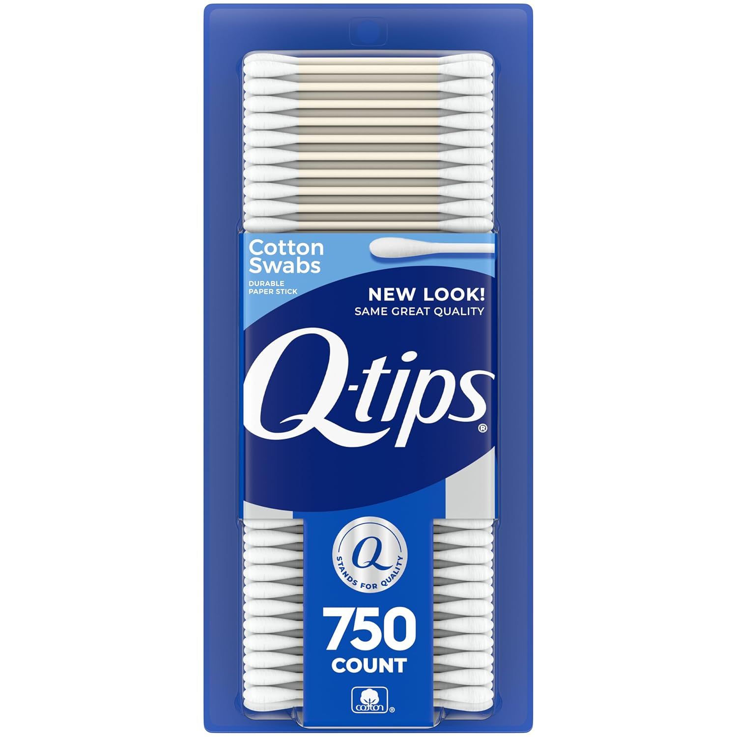 Shows the Q-tips cotton swabs product in its retail packaging, clearly displaying the brand, product type, quantity (750 count), and quality messaging to help…