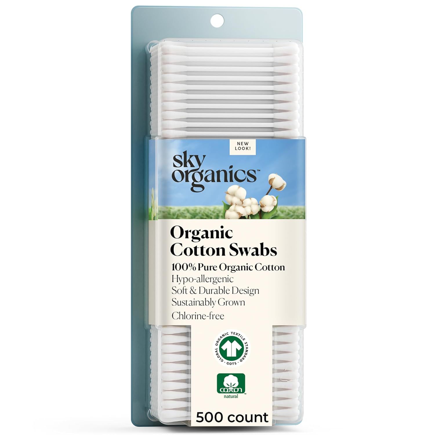 Shows the core product in its retail packaging to communicate what the shopper will receive, emphasizing the organic cotton material and key product features…