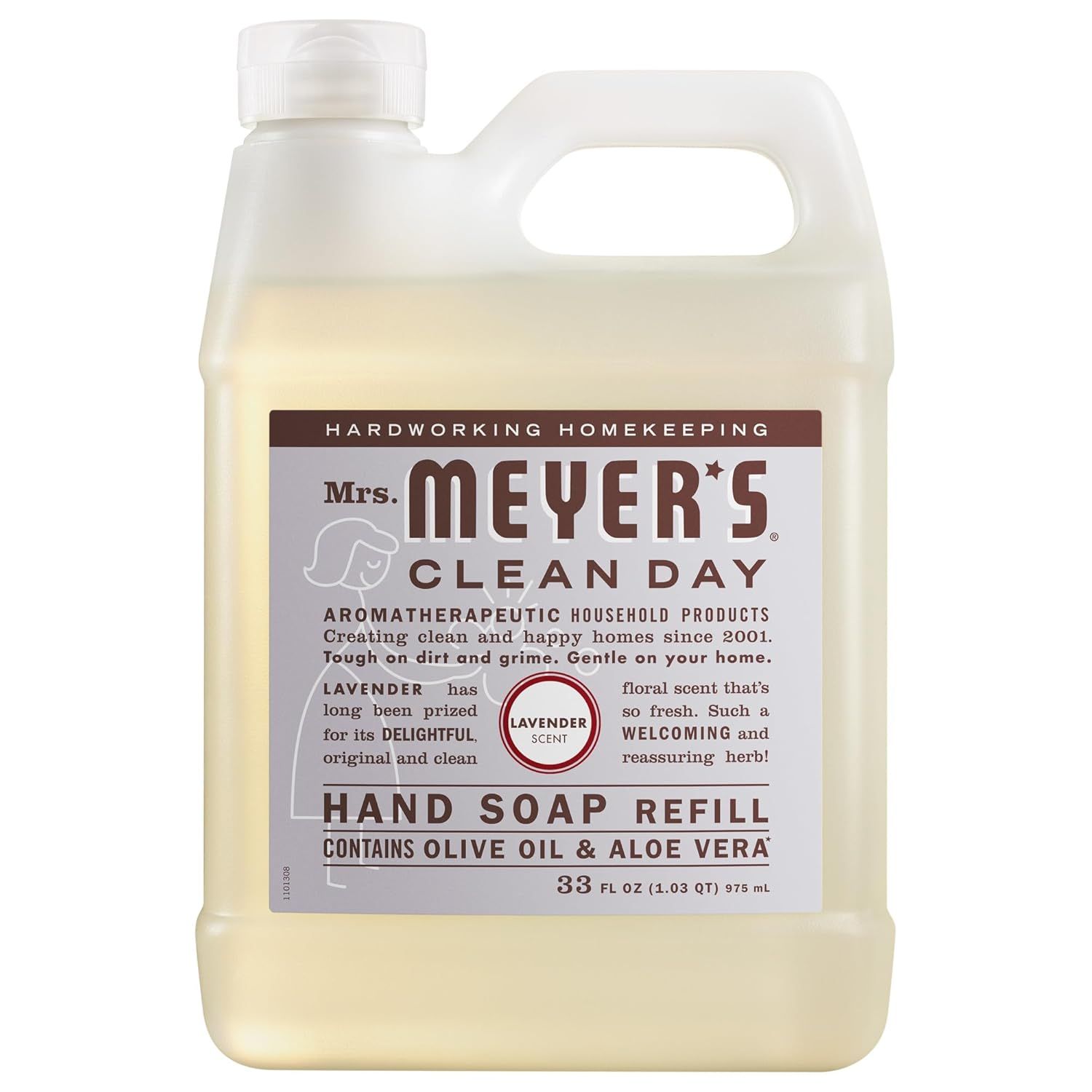 Displays the core product—a large refill bottle of Mrs. Meyer's hand soap—clearly showing the brand, scent variant, key ingredients, and size to help shoppers…
