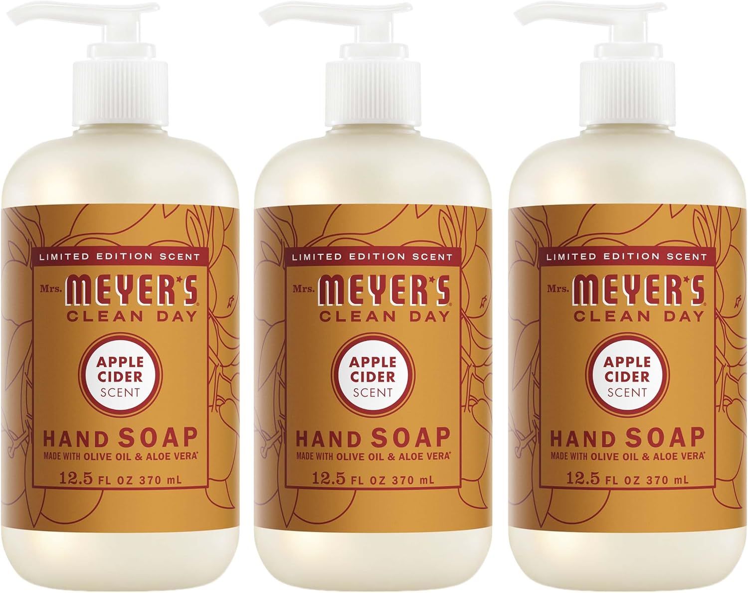 Shows three identical bottles of Mrs. Meyer's Apple Cider hand soap to communicate that this is a multi-pack purchase, emphasizing the limited edition…