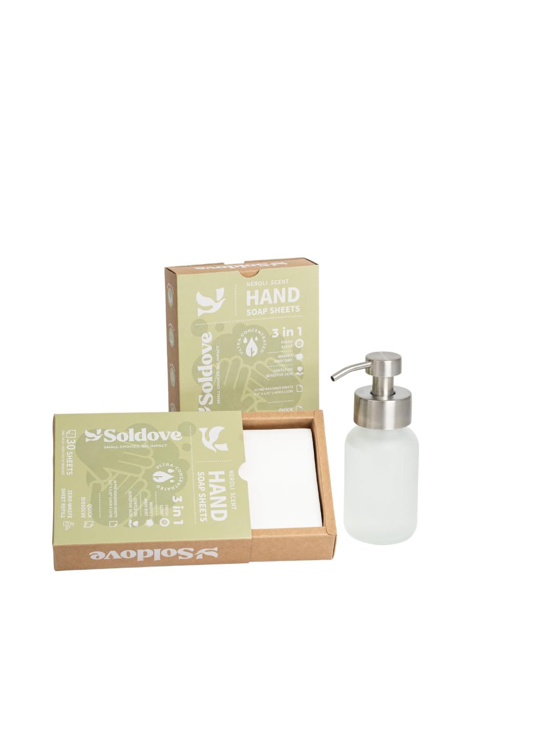 Shows the core sellable product bundle including hand soap sheet boxes and a frosted glass soap dispenser to communicate what the buyer receives. Displays the…