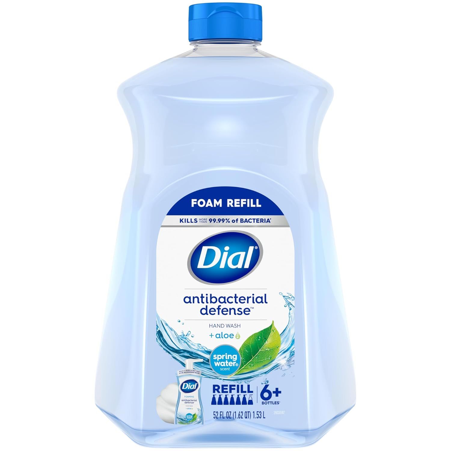 Displays the core product, a large refill bottle of Dial antibacterial hand wash, clearly showing the brand, scent, and antibacterial benefits to help…