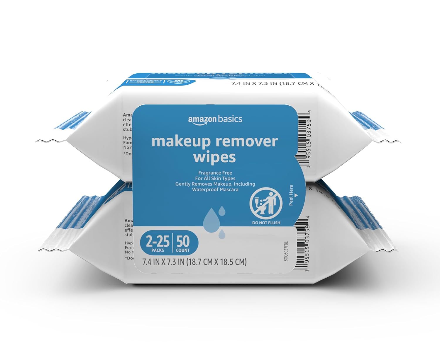 Displays the core sellable product, a package of Amazon Basics makeup remover wipes, showing the retail packaging with key product information including fragrance-free formula, suitability for all…