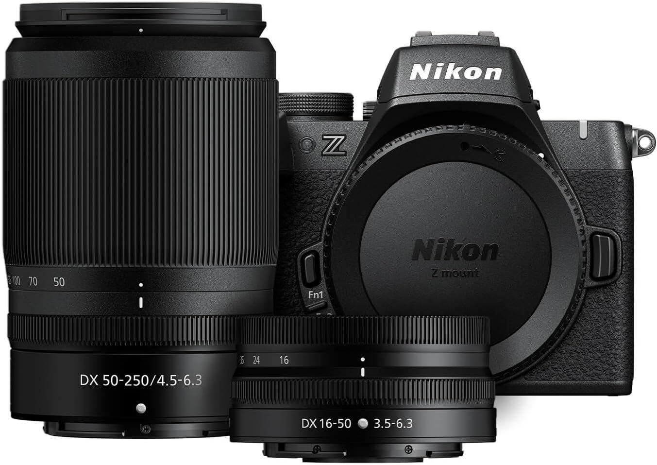 Displays the Nikon Z mirrorless camera body with two included lenses to show the complete kit and communicate the versatility of the system. Shows that the purchase includes multiple lenses as…