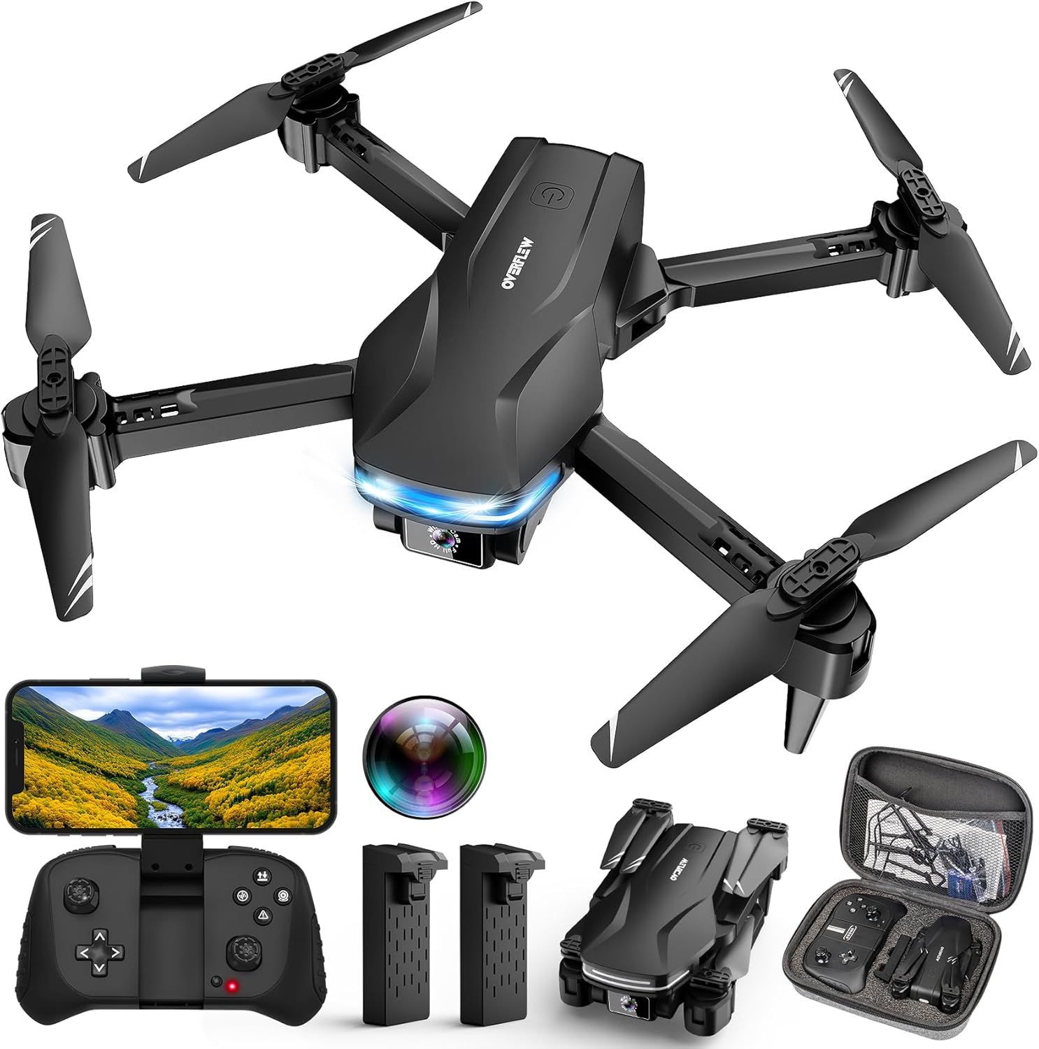 Shows the core drone product in its unfolded operational state along with all included accessories to communicate the complete package the buyer will receive. Displays all included accessories and…