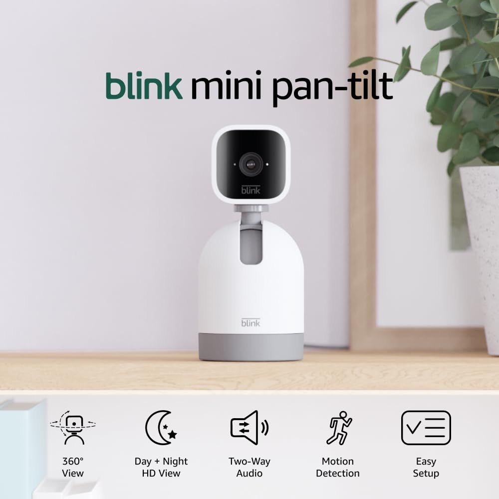 Shows the Blink Mini Pan-Tilt camera system in a lifestyle setting to help shoppers visualize the product in their home while highlighting key features like…
