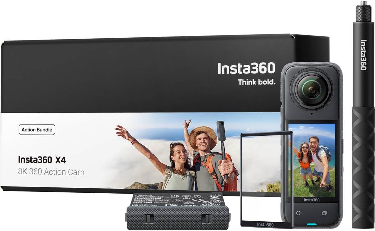 Displays the complete Insta360 X4 action camera bundle including the camera, retail packaging, battery, and selfie stick to show shoppers everything included…
