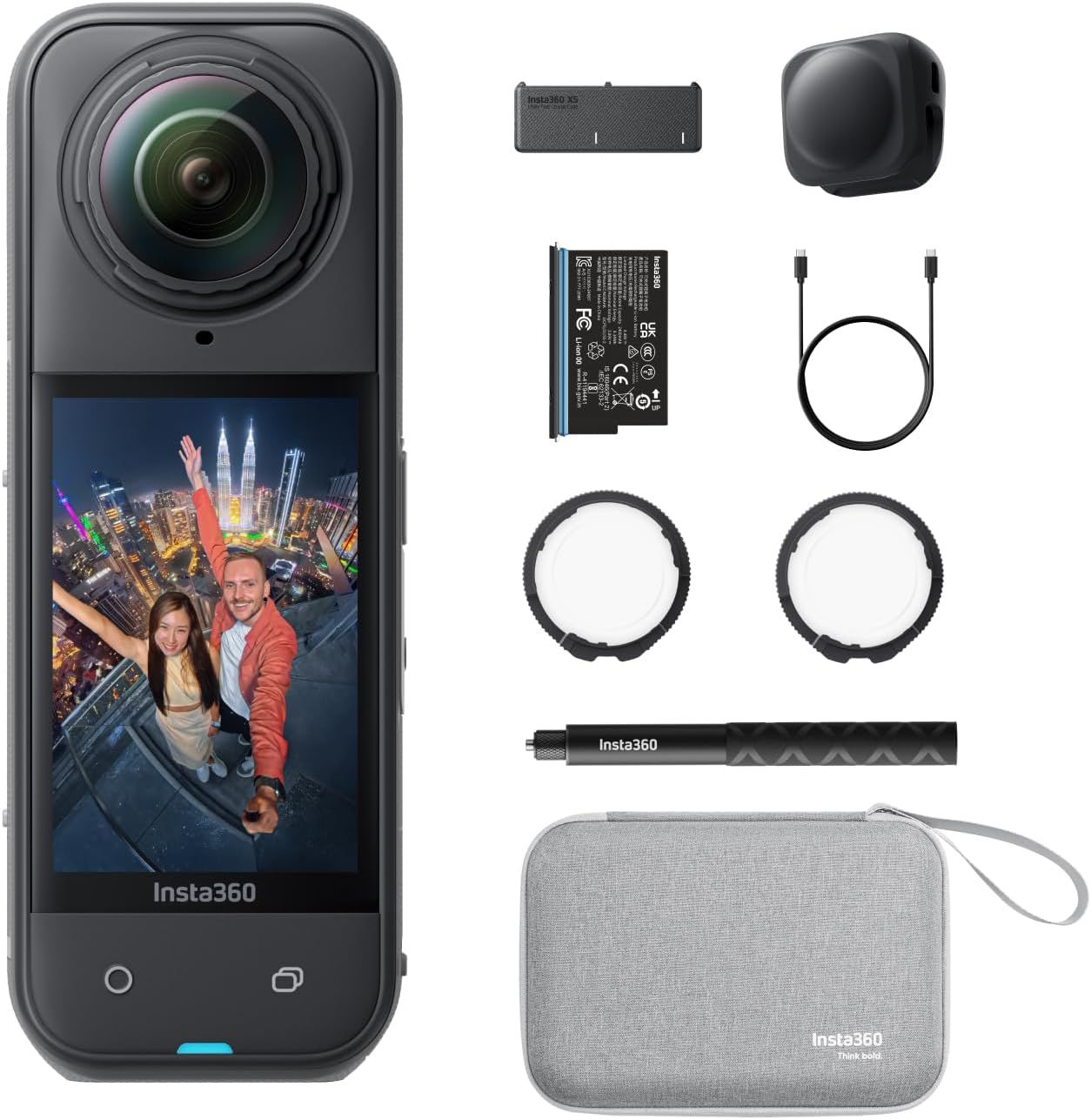 Shows the core Insta360 camera product along with all included accessories to communicate the complete package the buyer will receive. Displays all the…