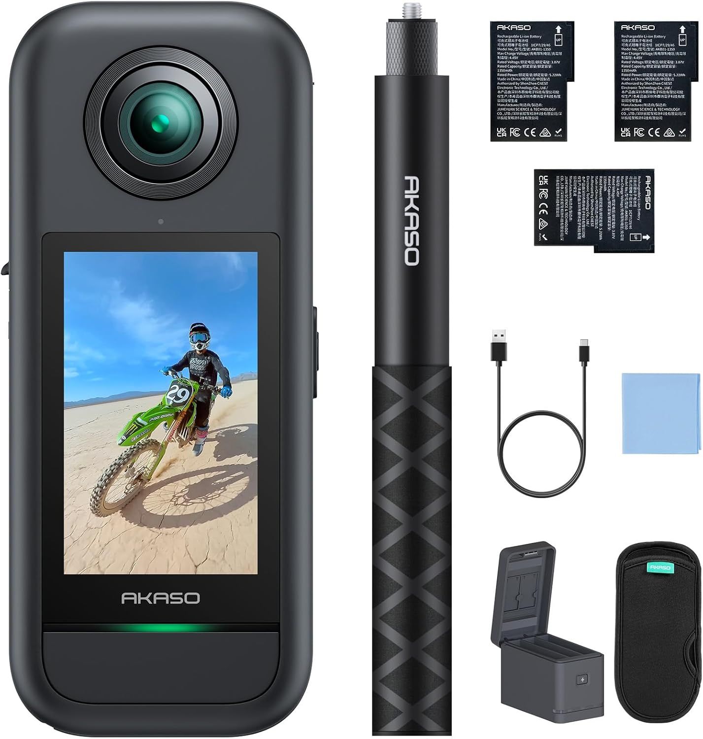 Shows the core product, an AKASO 360-degree action camera with integrated touchscreen display, demonstrating its form factor and key design features to help…