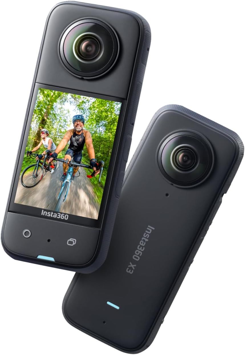 Shows the core product—an Insta360 action camera—with its key feature of a built-in touchscreen displaying captured footage, communicating its capability to capture and preview immersive 360-degree…