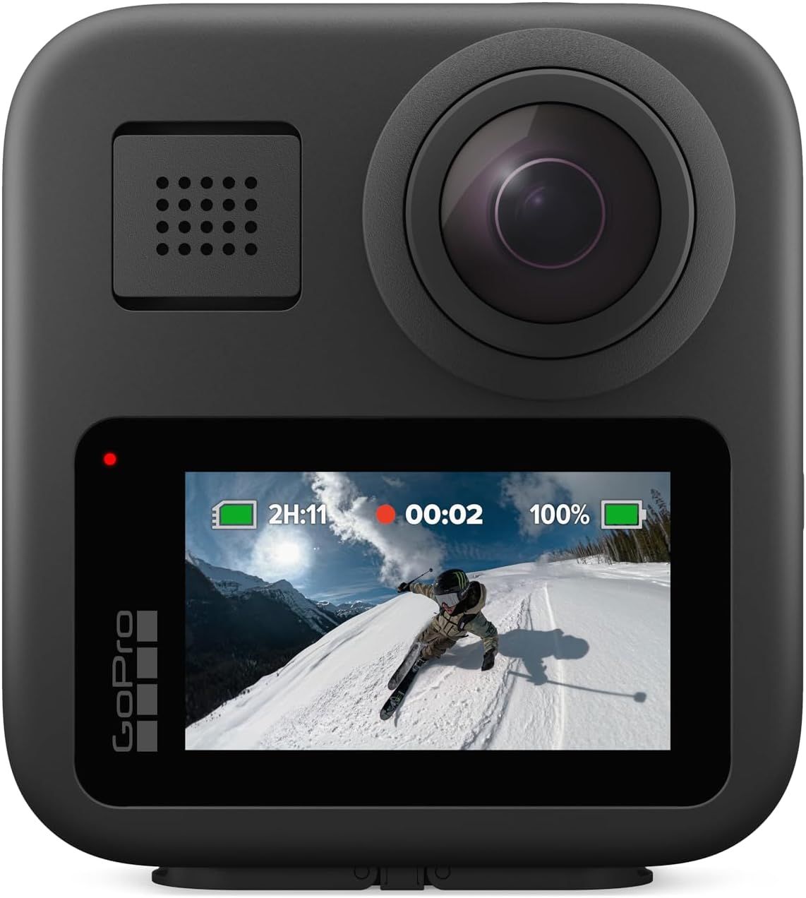 Shows the core GoPro action camera product with its built-in display screen showing live recording functionality, communicating the product's design and key features to potential buyers.…