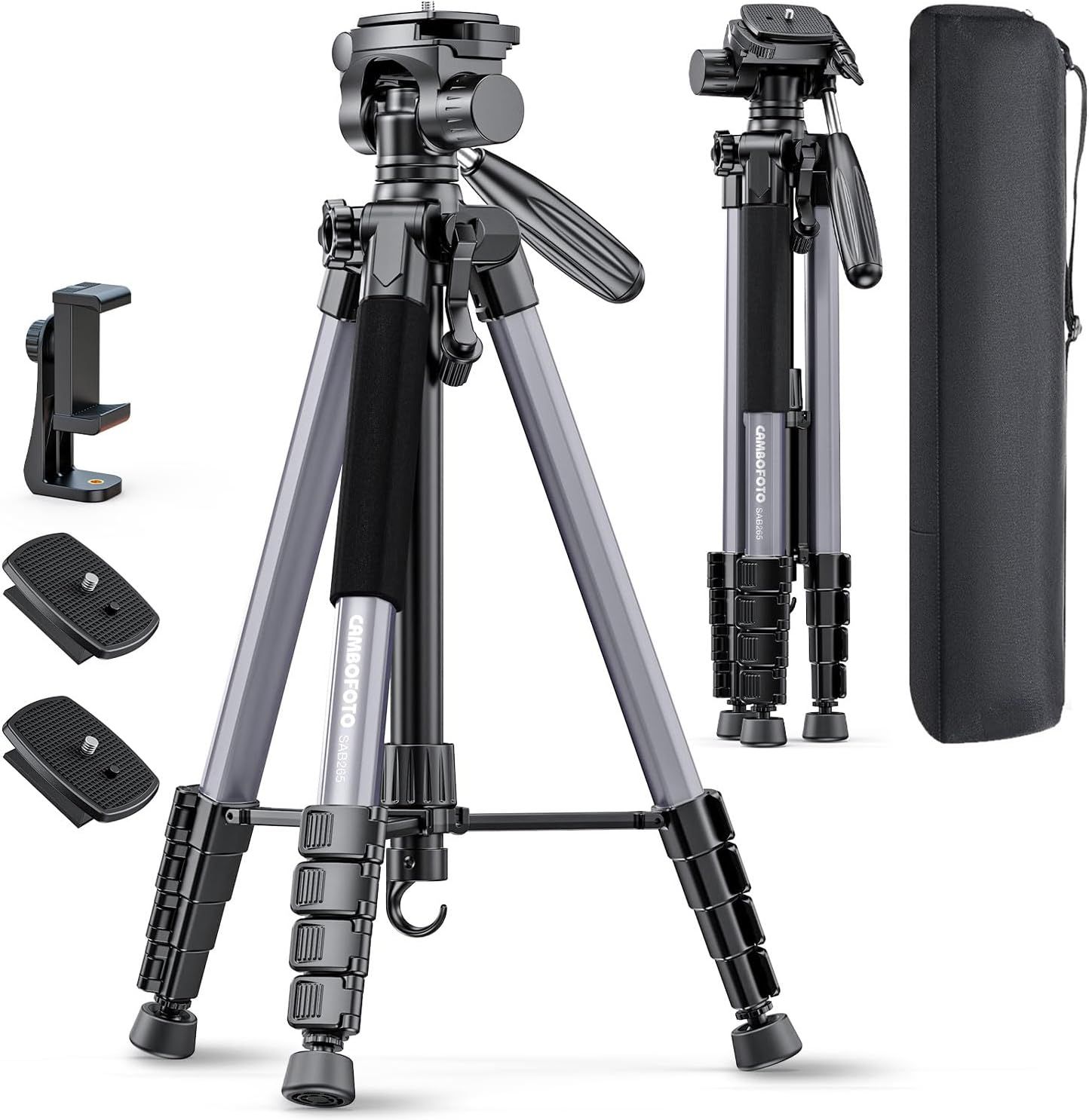 Displays the core tripod product clearly on a white background to show its design, build quality, and professional appearance for photography and videography use. Shows all included accessories and…