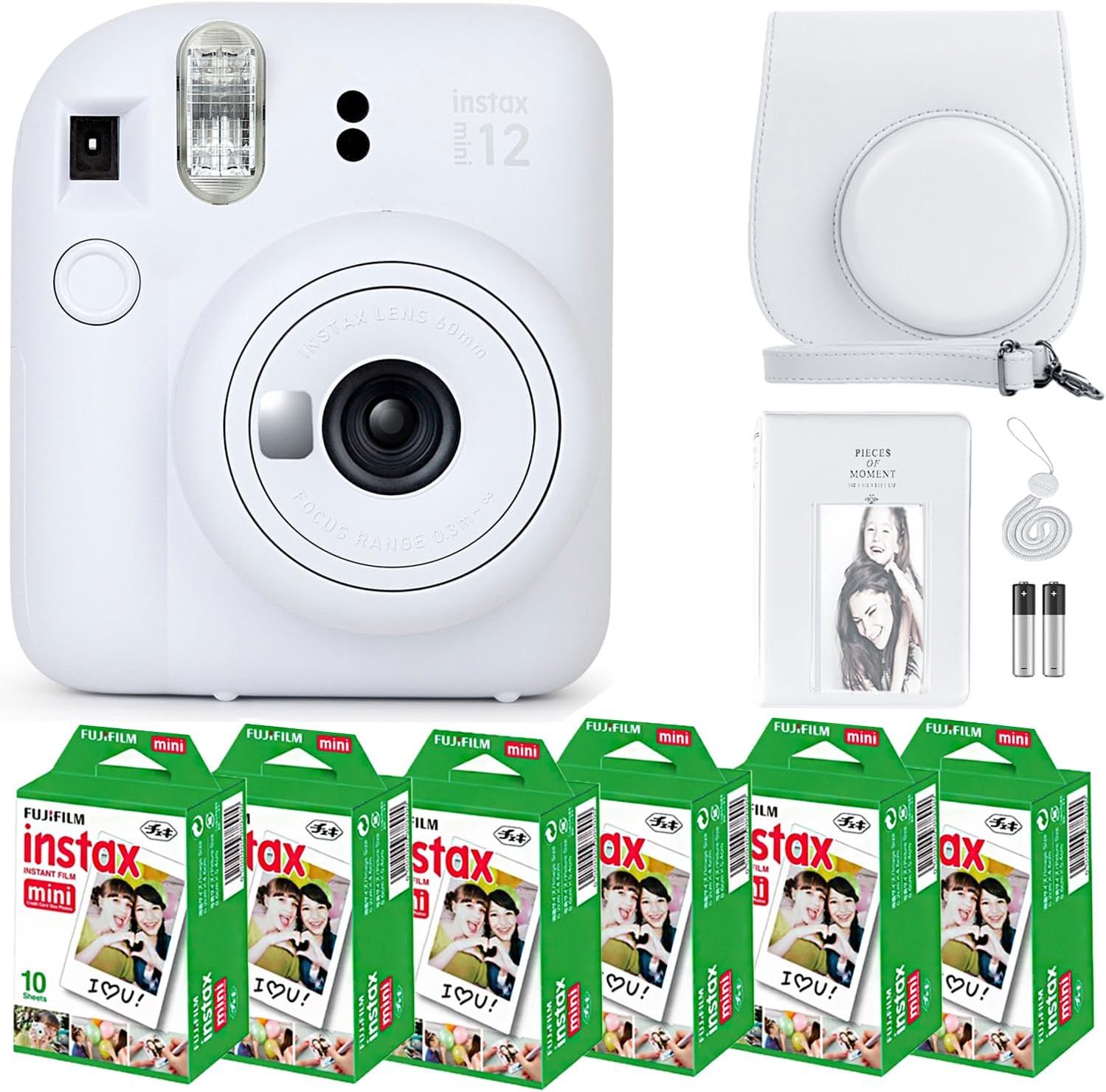 Displays the complete Instax Mini 12 instant camera bundle including the camera, protective case, accessories, and film packs to show shoppers everything…