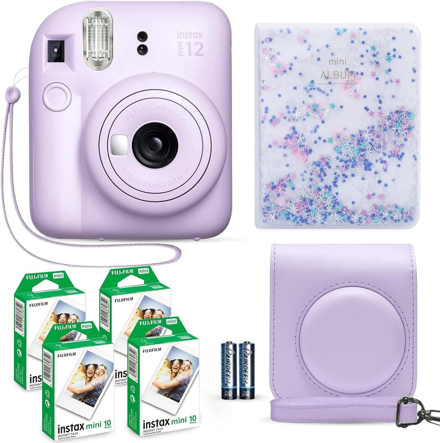 Shows the core Instax Mini 12 instant camera along with all included accessories and extras to communicate the complete bundle value to the shopper. Displays…